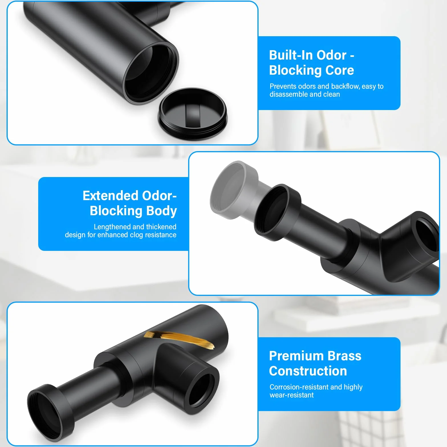Siphon Noir Rétro avec Bonde Trop-plein 1 1/4 Laiton Universel Anti-Odeur Kit Vidange évier cuisine salle de bain