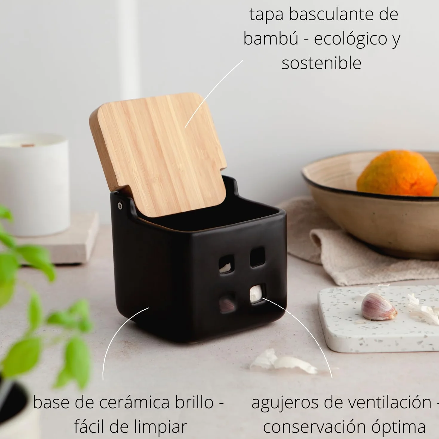 Set d'accessoires de cuisine salière pot à ail céramique bambou couvercle basculant 11,5 cm noir
