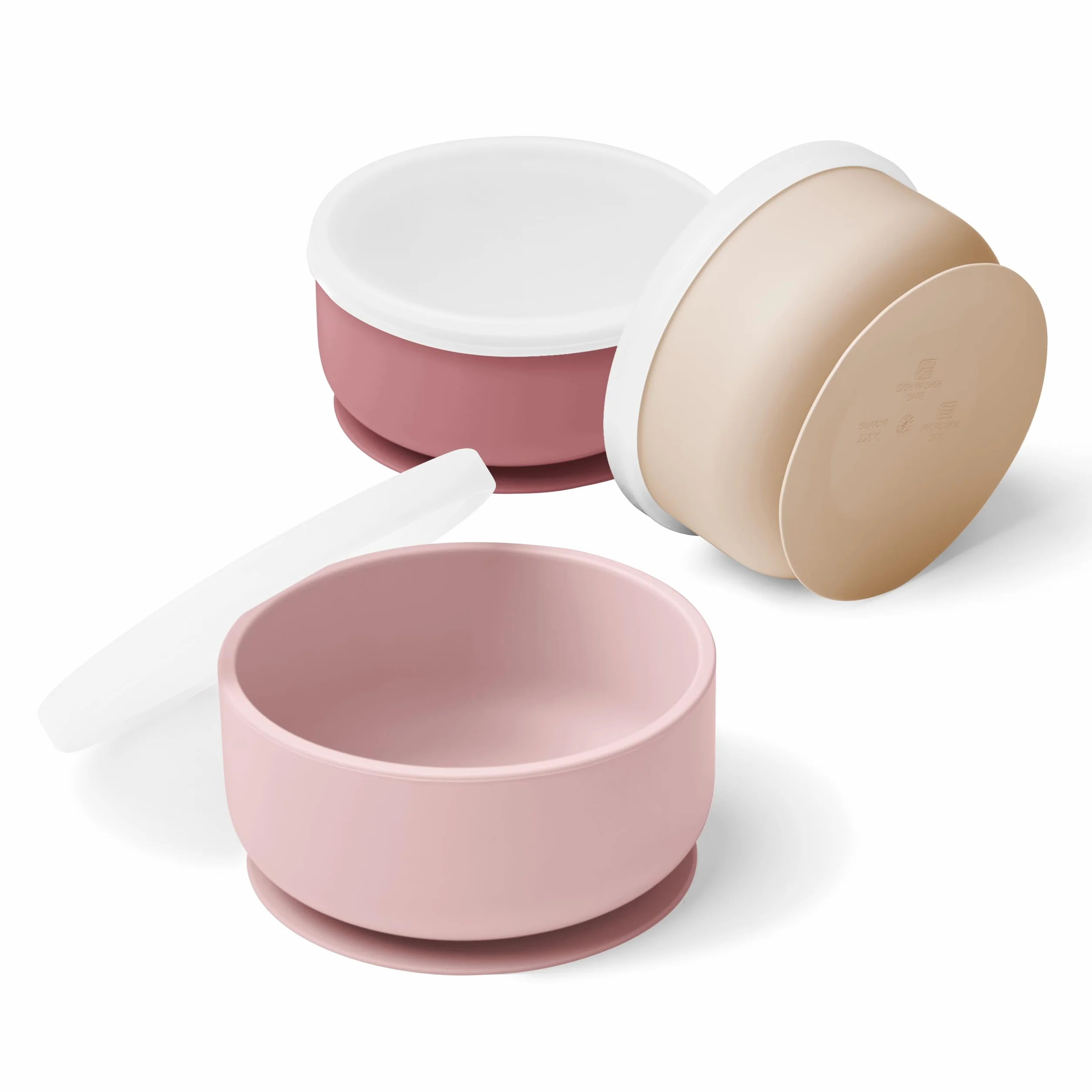 Set bol ventouse bébé silicone anti-renversement 1er âge coffret repas Rose pâle beige