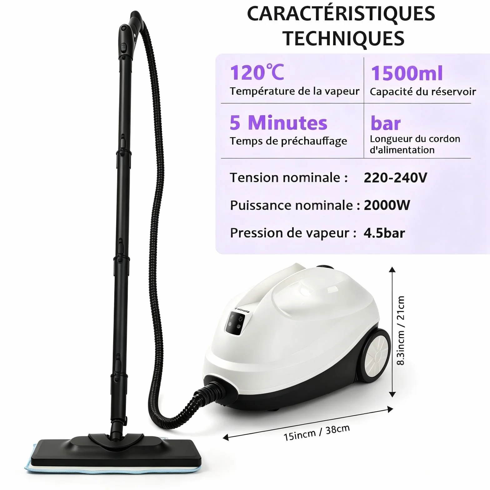 Nettoyeur vapeur portable 120 °C 20 accessoires pour sols canapés fenêtres meubles cuisine