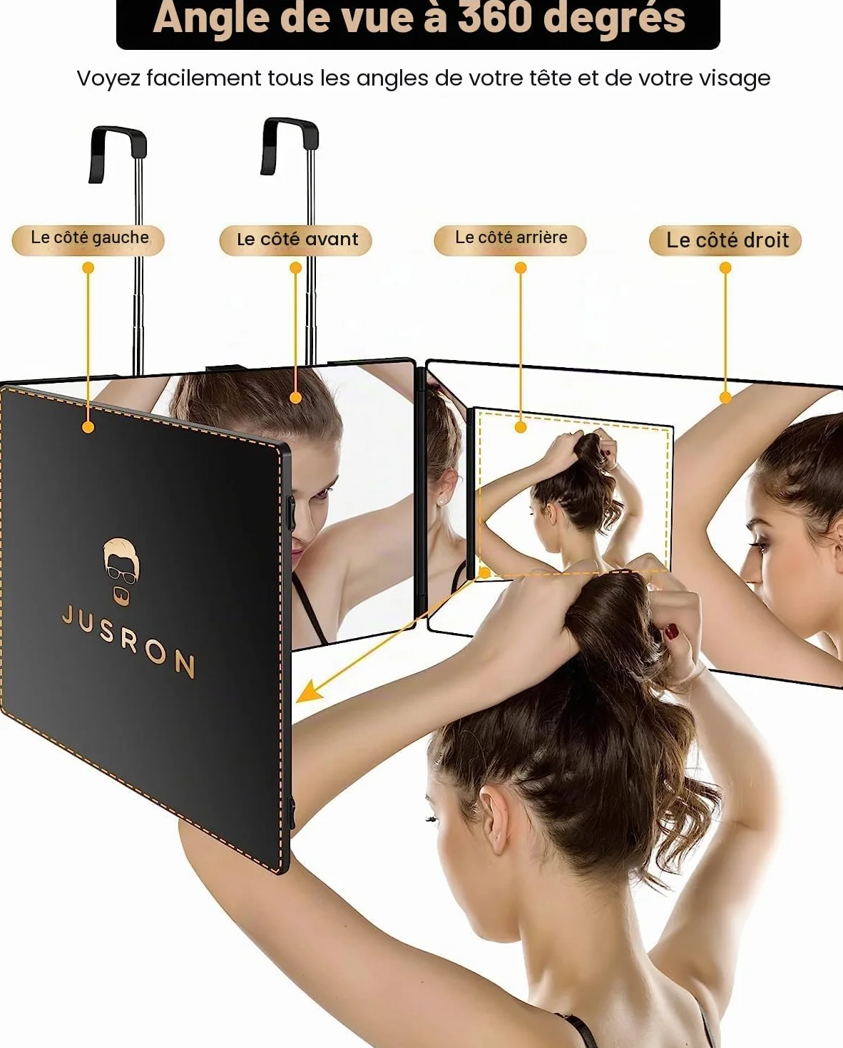 JUSRON Miroir à Suspendre 360° Pliable 3 Parties Réglable en Hauteur Cosmétique Maquillage Rasage Coiffure