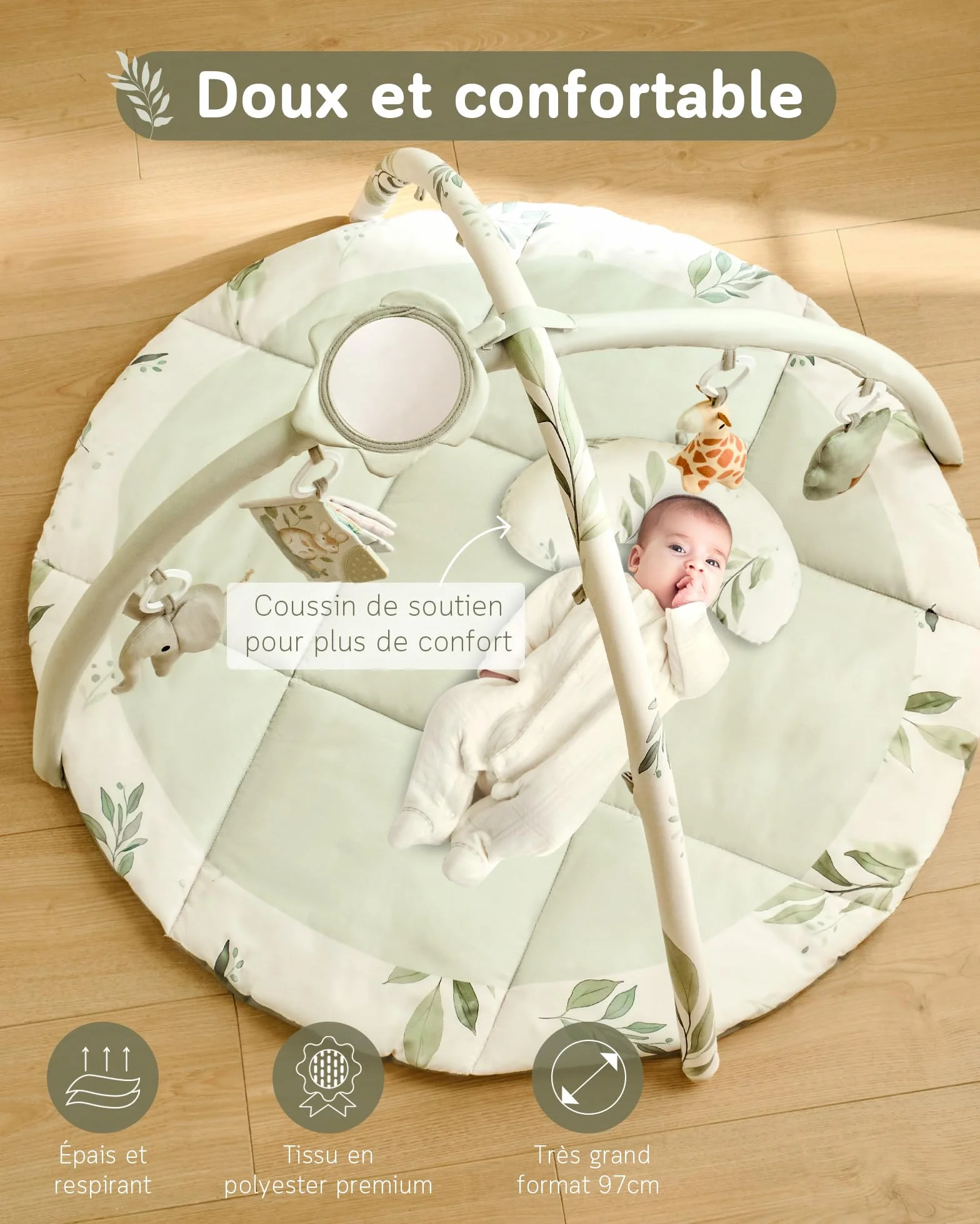 Tapis d'éveil Bébé avec Arche amovible et 5 Jouets d'activité, Thème Naturel, Fortella, Vert, pour Nouveau-né 0-12 Mois
