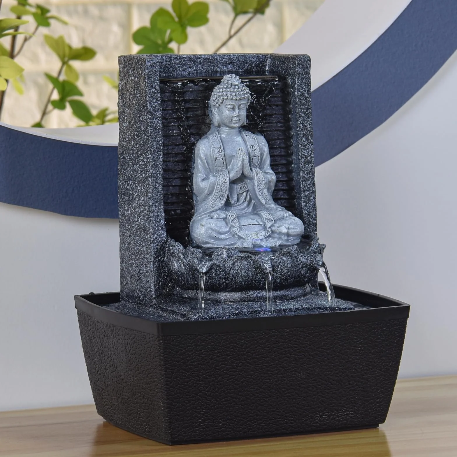 Fontaine d'Intérieur Bouddha Mur d'Eau Cascade Lotus Lumière LED Blanc Déco Zen Salon Chambre Feng Shui H 26cm