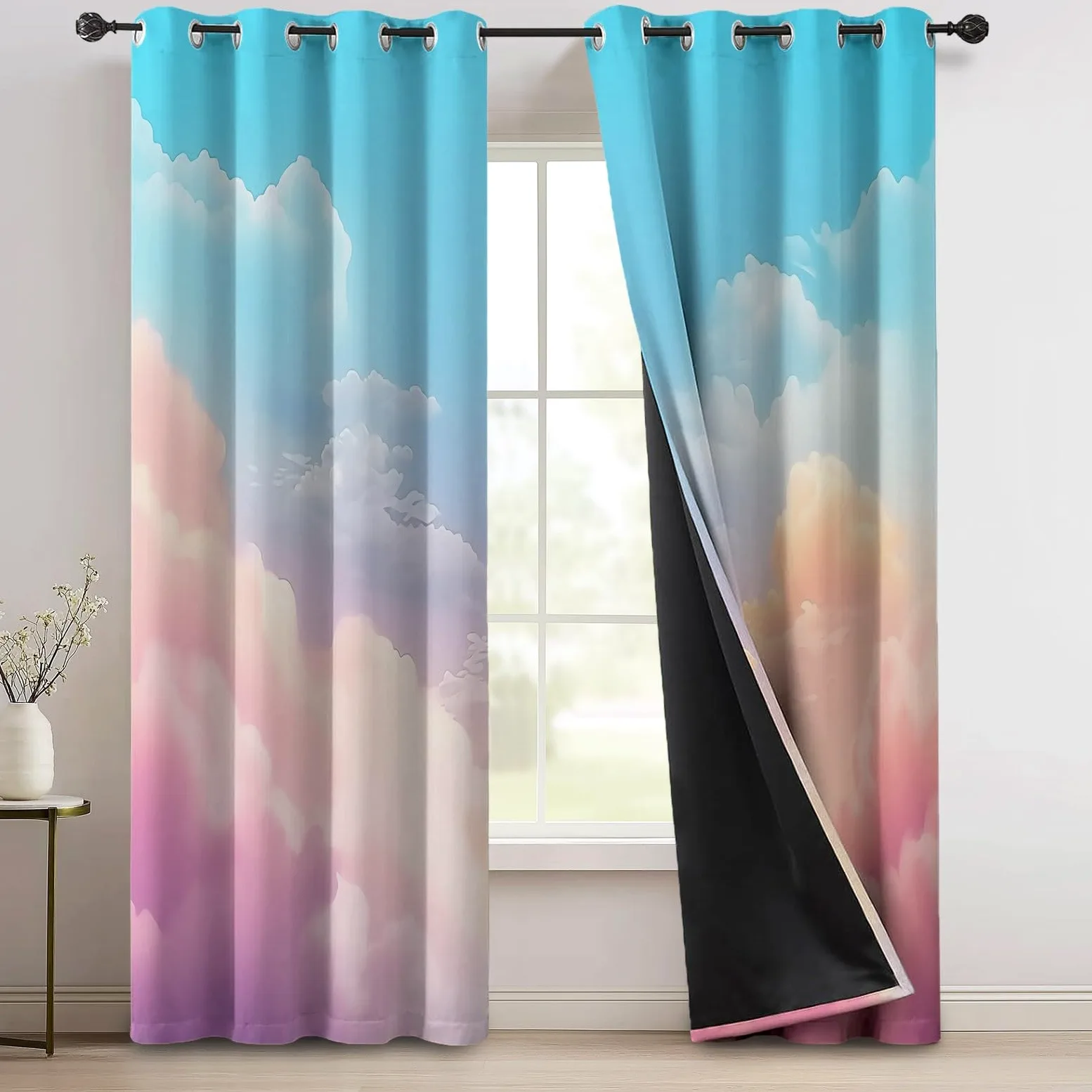 Décoration Nuages Oniriques Ciel, Rideaux Longs 140L X 260H cm (2 Panneaux), Tissu Occultant Thermique pour Baie Vitrée, Rose Bleu