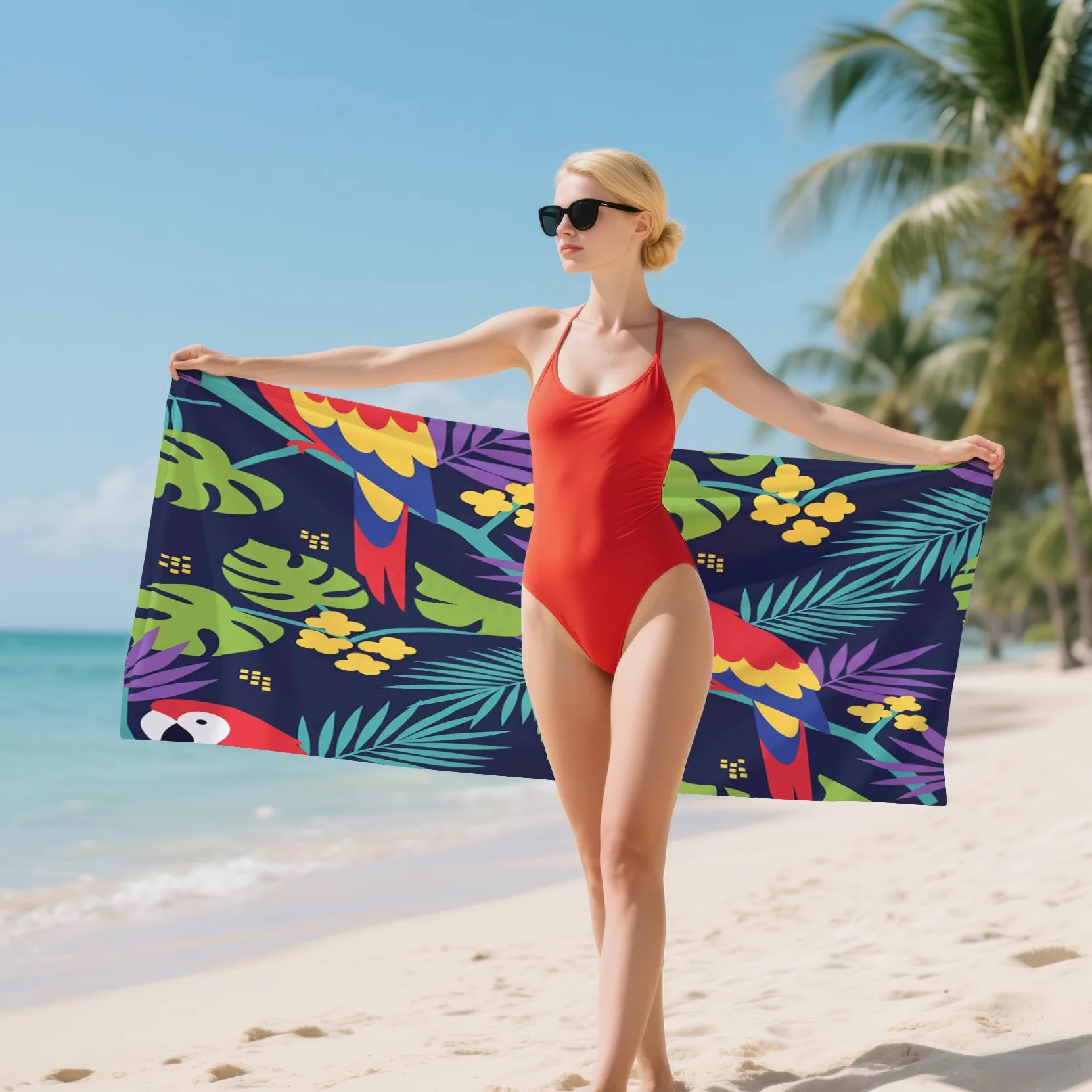 Serviette de Plage XXL Microfibre Perroquet Oiseaux Tropicaux Monstera, Drap de Plage Séchage Rapide Anti Sable & Légère, Serviette de Bain Grande Taille 150x200 cm, Accessoire