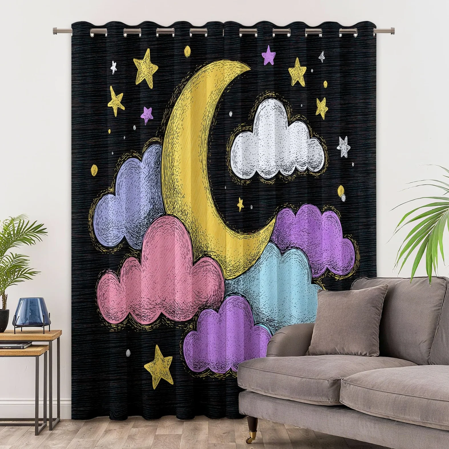 Rideau Occultant Noir, Rideaux Thermique Isolant Doux Anti UV - Draperies Intérieurs Ciel Étoilé Cartoon Nuages Lune pour Salon Chambre Décoration de Fenêtre 110L x 215H cm Lot de 2