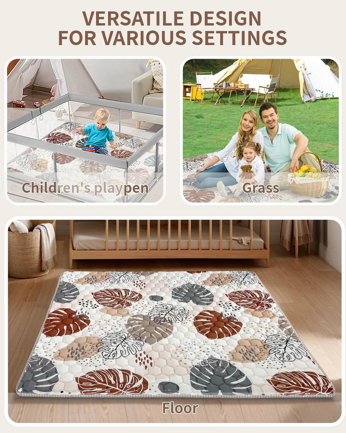 Tapis d'éveil Bébé 127x127cm Lavable Antidérapant Pliable Style Bohème