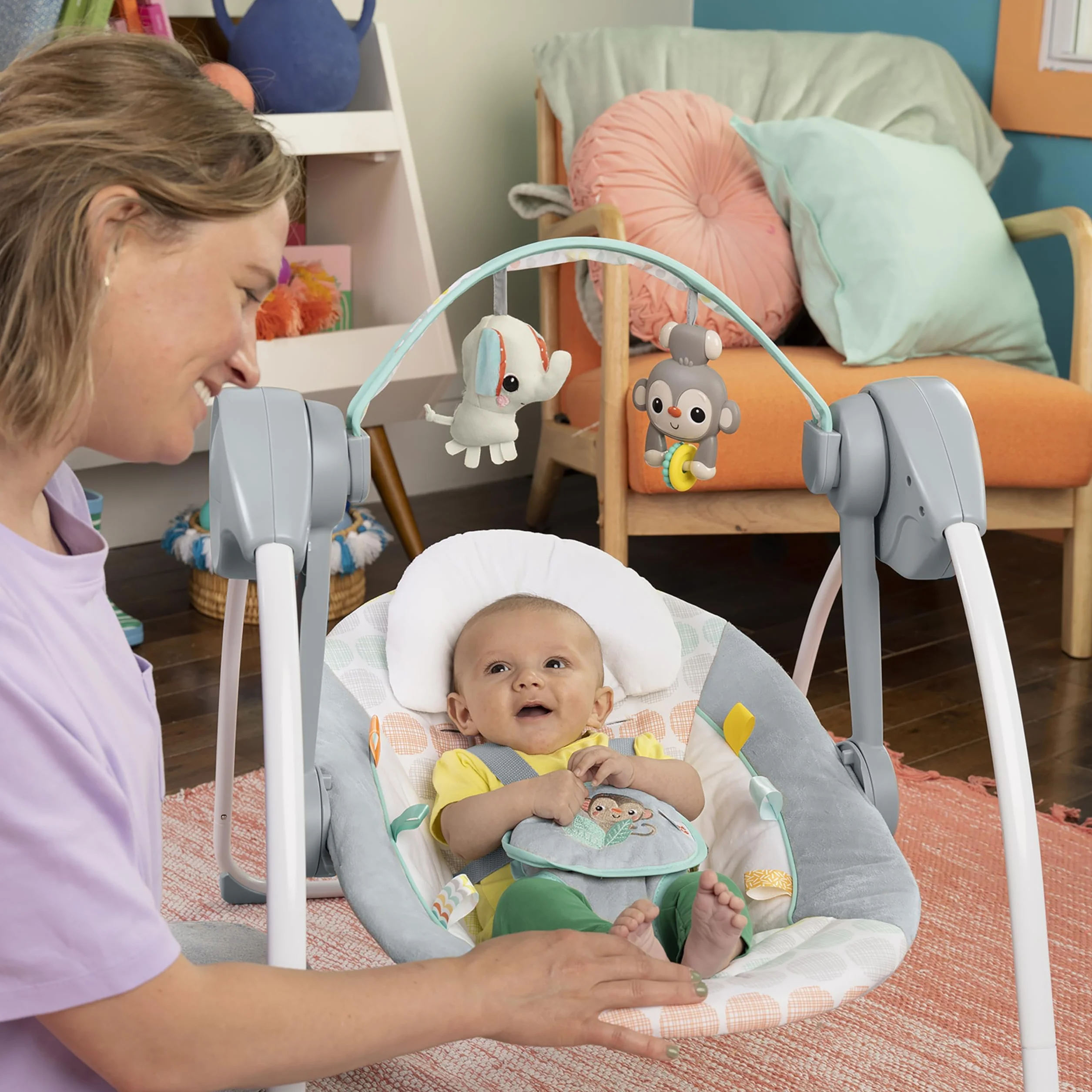 Bright Starts Balancelle Compacte Whimsical Wild 6 vitesses balancement arche jeu amovible 2 jouets interactifs multicolore naissance 9 kg