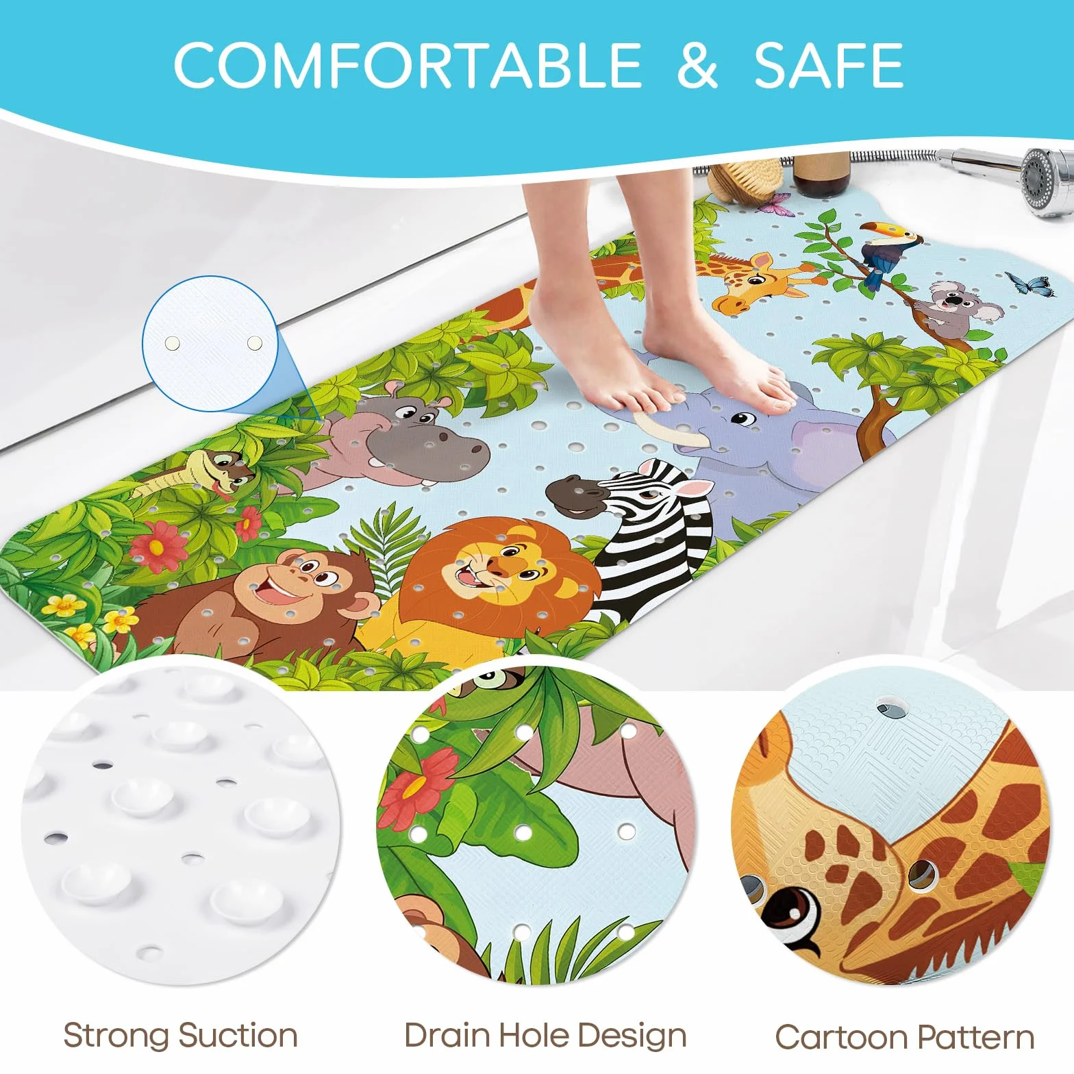 SHUCHING Tapis de Bain Antidérapant Enfant Animaux de la Jungle 100 x 40 cm
