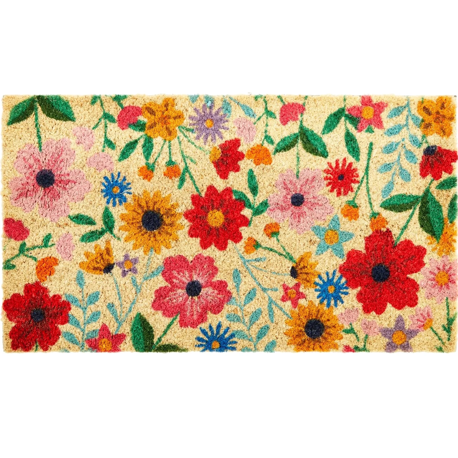 Juvale Paillasson en fibre de coco naturelle avec fleurs printanières, 43,2 x 76,2 cm pour porte d'entrée, tapis demi-rond de fleurs sauvages d'extérieur pour décoration d'intérieur