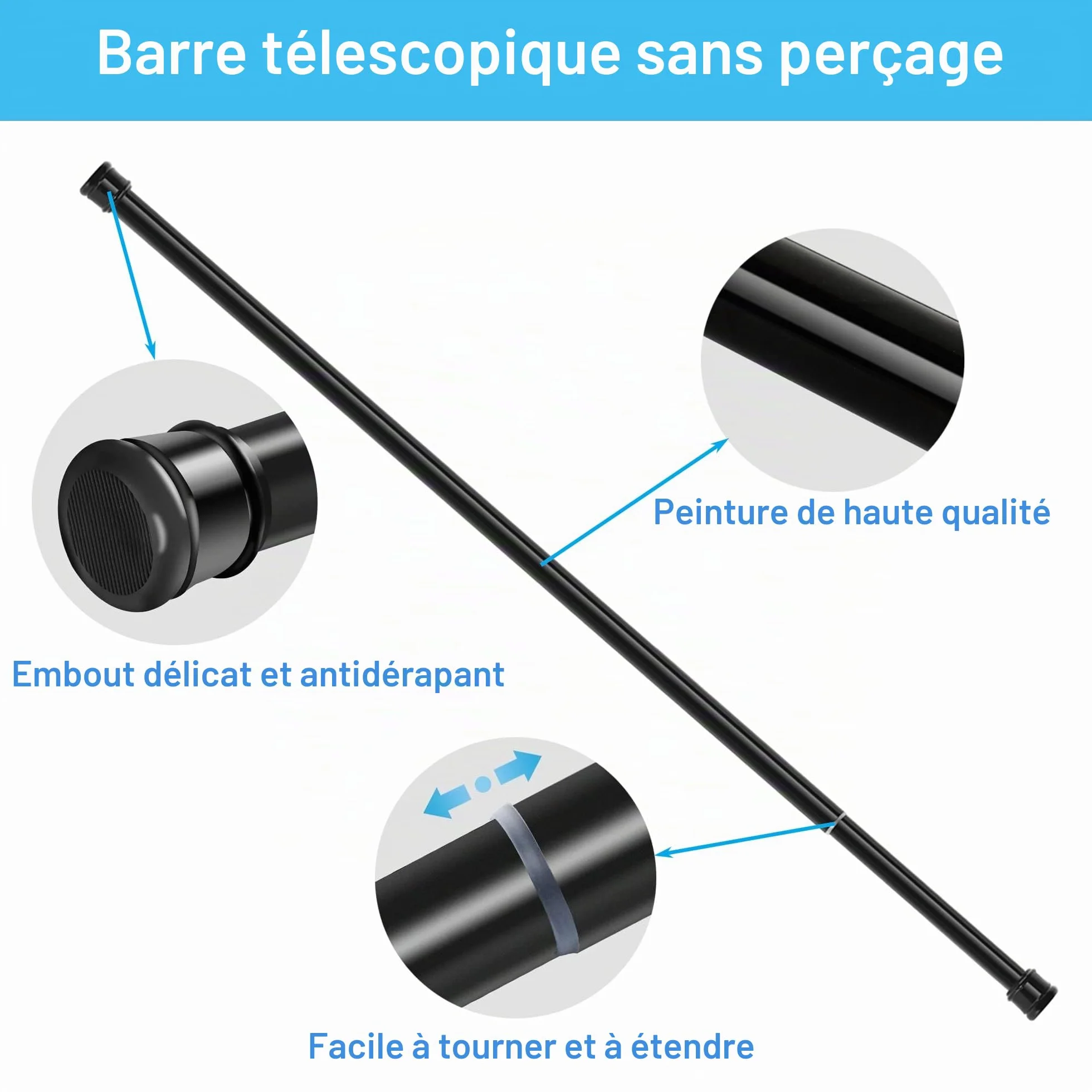 Tringle à rideaux télescopique sans perçage 66-90 cm blanc diamètre 25 mm