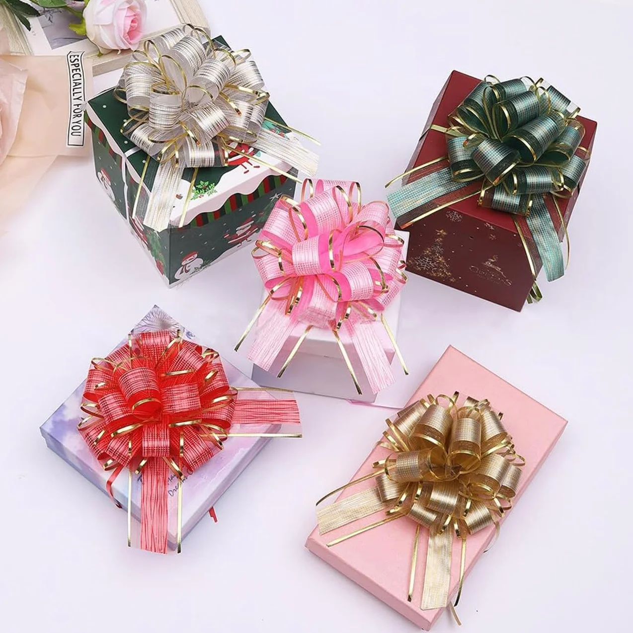 Grands Nœuds à Tirer pour Cadeau 16cm, Organza Nœuds Décoratifs pour Fêtes, Blanc