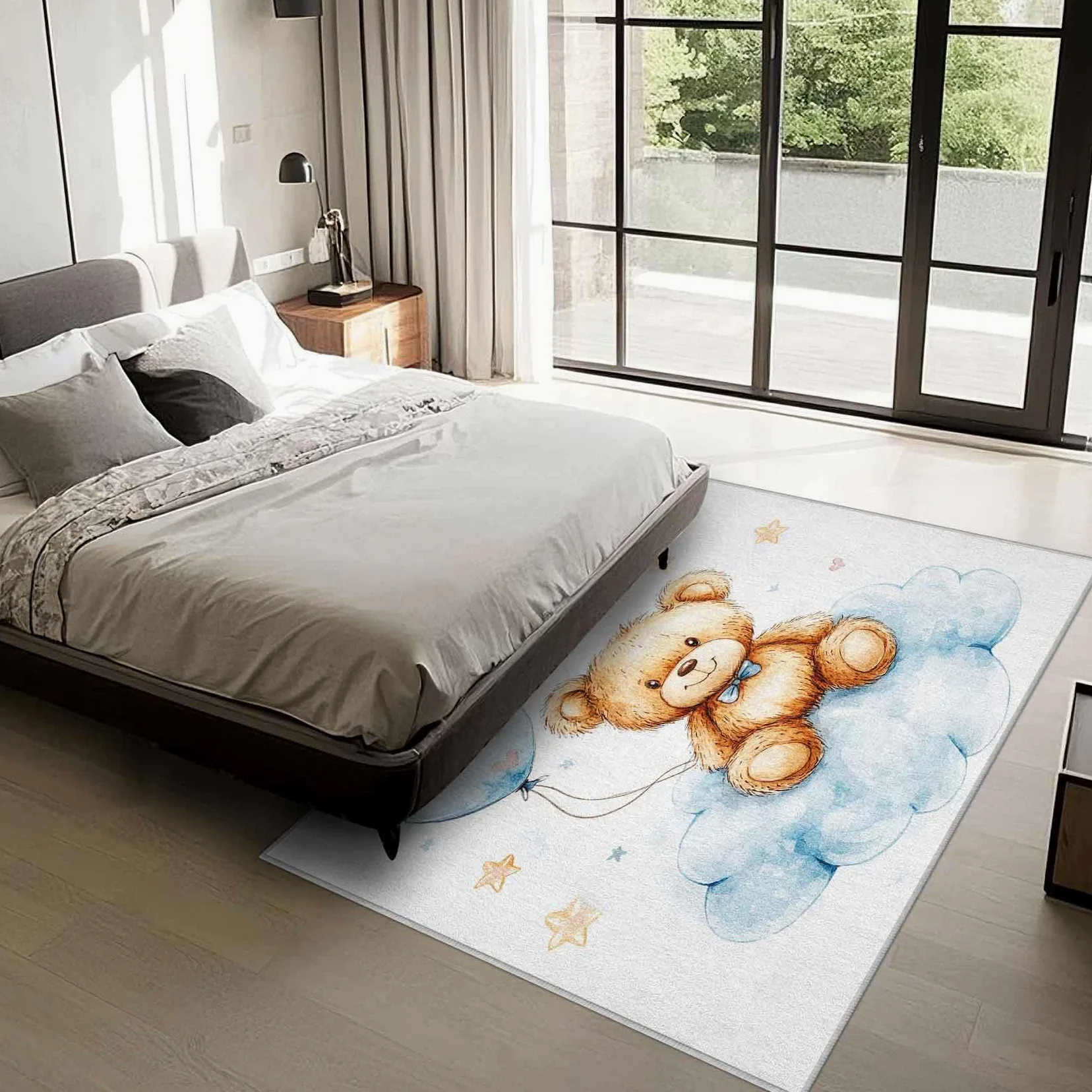 Tapis Ours en Peluche pour Chambre d'enfant, Motif Aquarelle, Ballons, étoiles et Nuages, antidérapant et Lavable pour Chambre de bébé (80 x 140 cm)