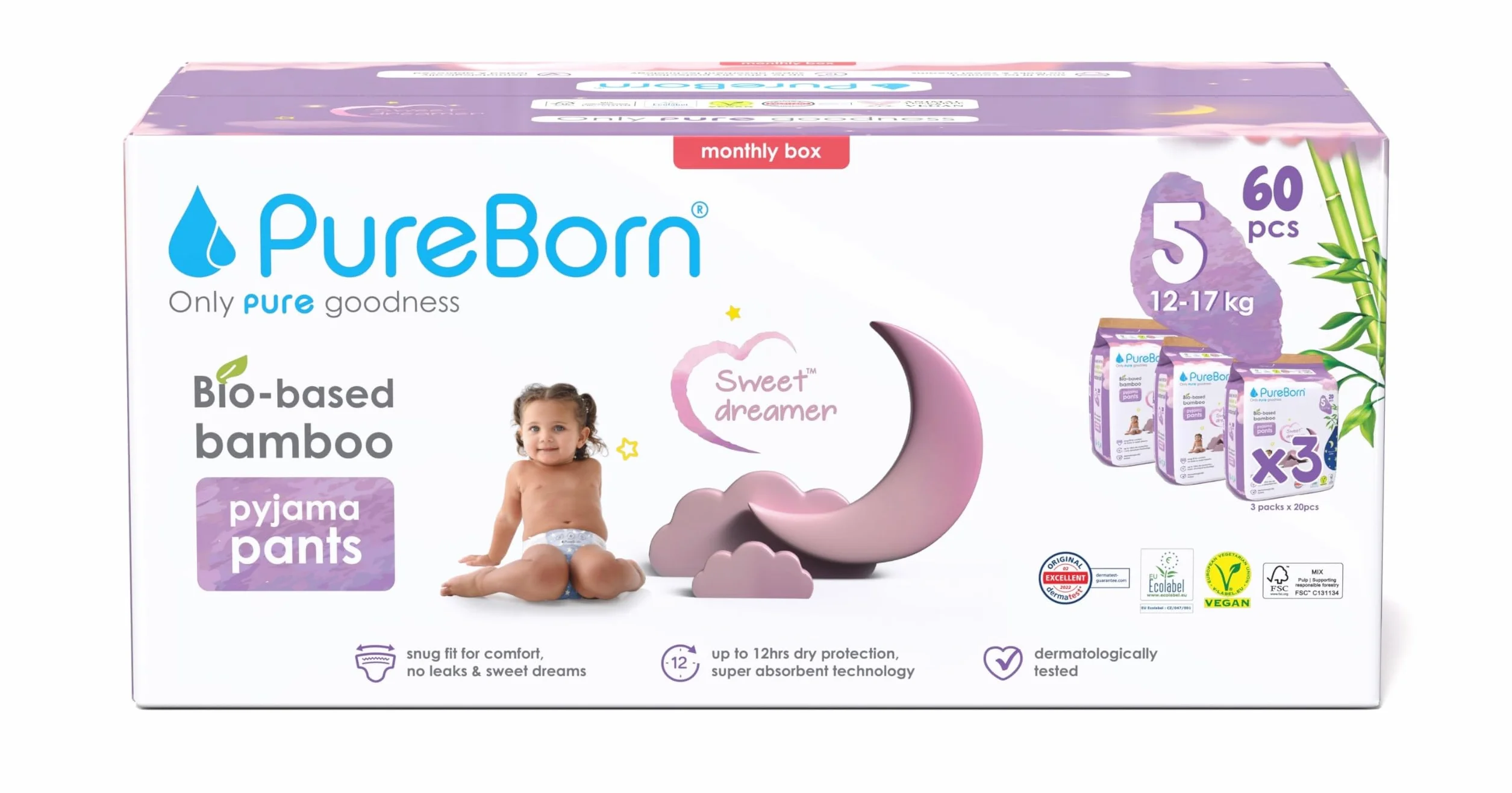 PureBorn Couches-Culottes Nuit Taille 5 (12-17 kg) 60 Pièces Protection Anti-Fuites Absorption Extra Confort Sec