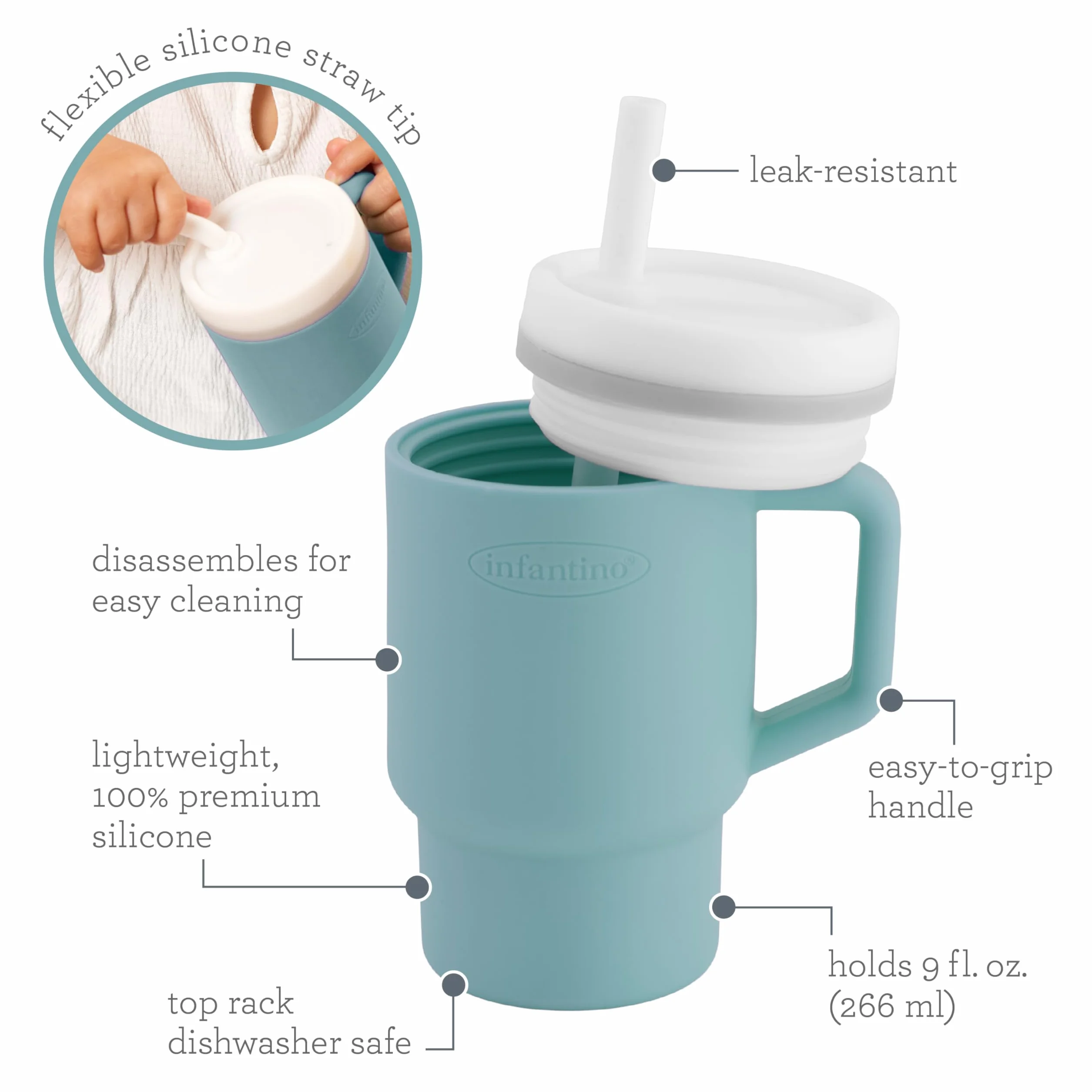 INFANTINO Ma Première Tasse 255ml avec Paille Antifuite et Poignée, Bleu Maussade