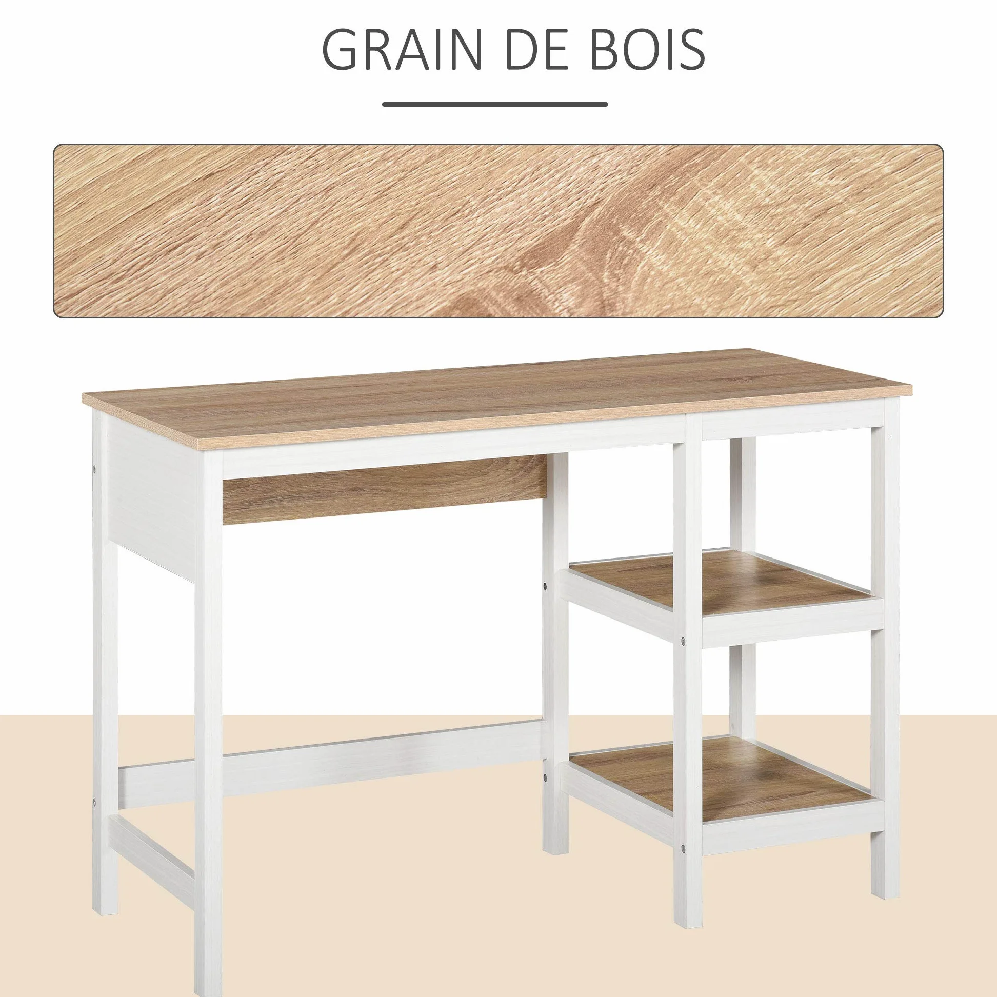 HOMCOM Bureau Informatique Multimédia 110Lx48lx76H cm Chêne Clair Blanc | 2 Étagères Latérales, MDF E1, Bureau Avec Rangement