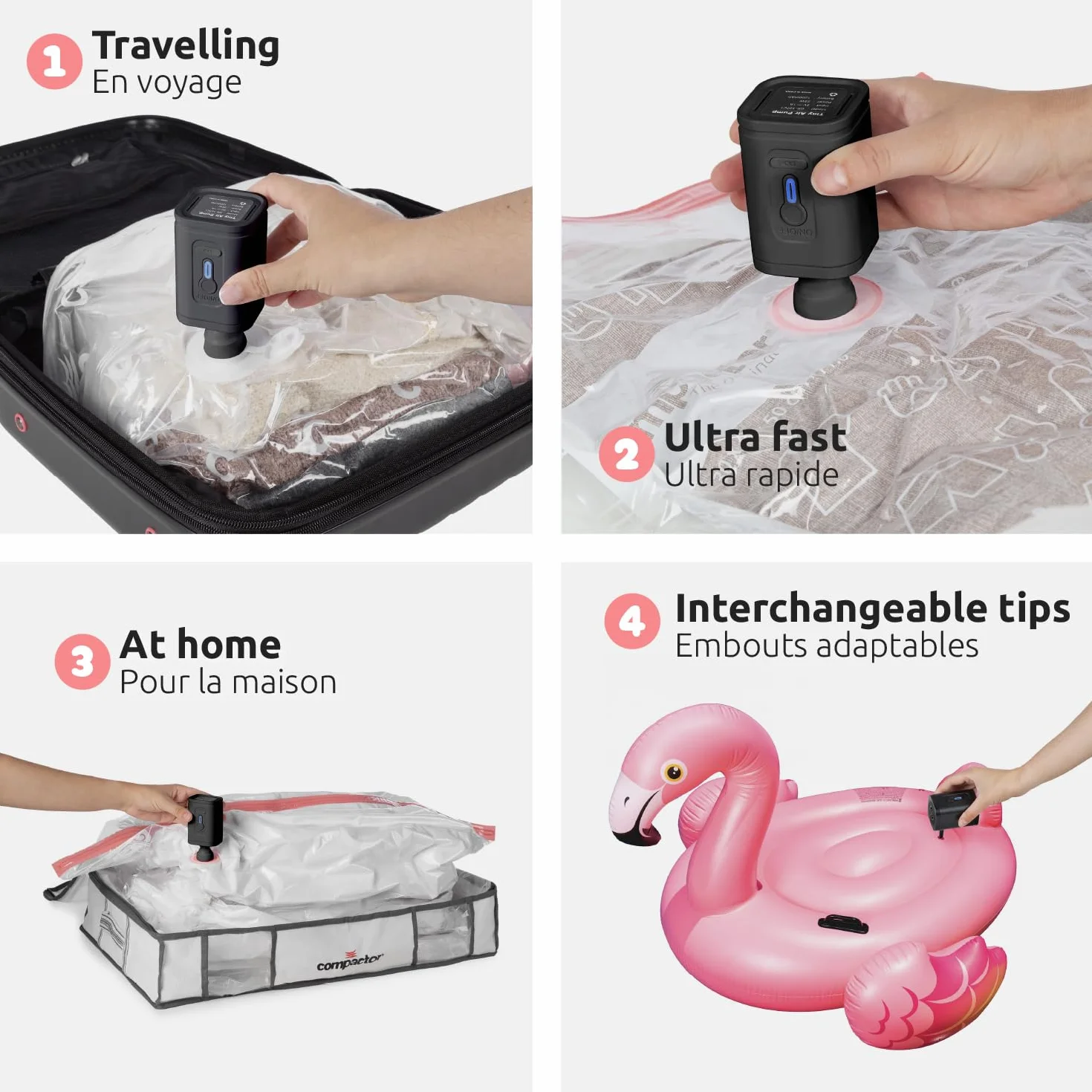 Pompe électrique portable sans fil Compactor pour sacs de rangement sous vide - Recharge USB - Design compact de voyage