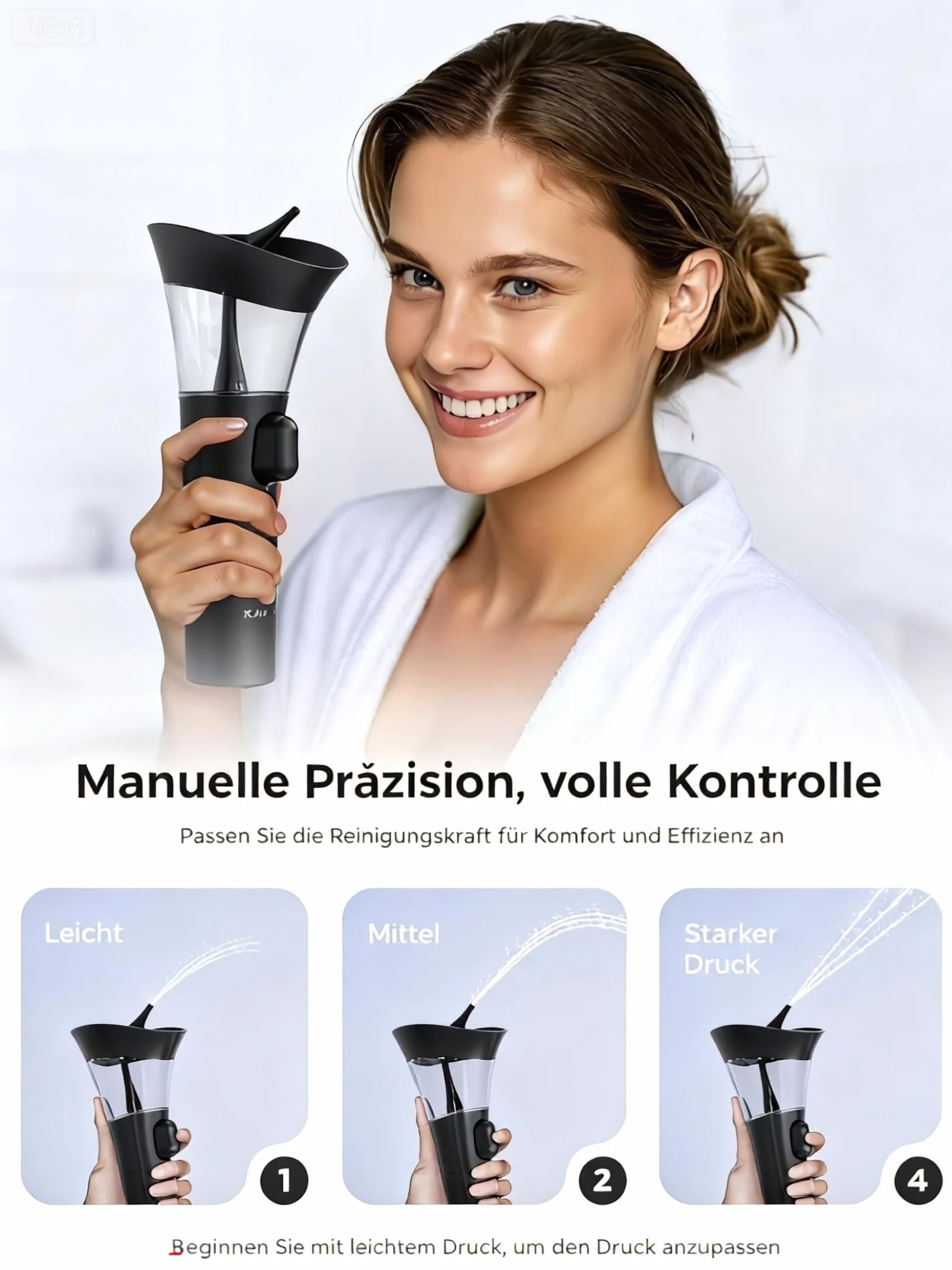 KAUGIC Nettoyeur de Cérumen Manuel avec Pression d'Eau 7m, 4 Embouts Silicone, Réservoir Intégré
