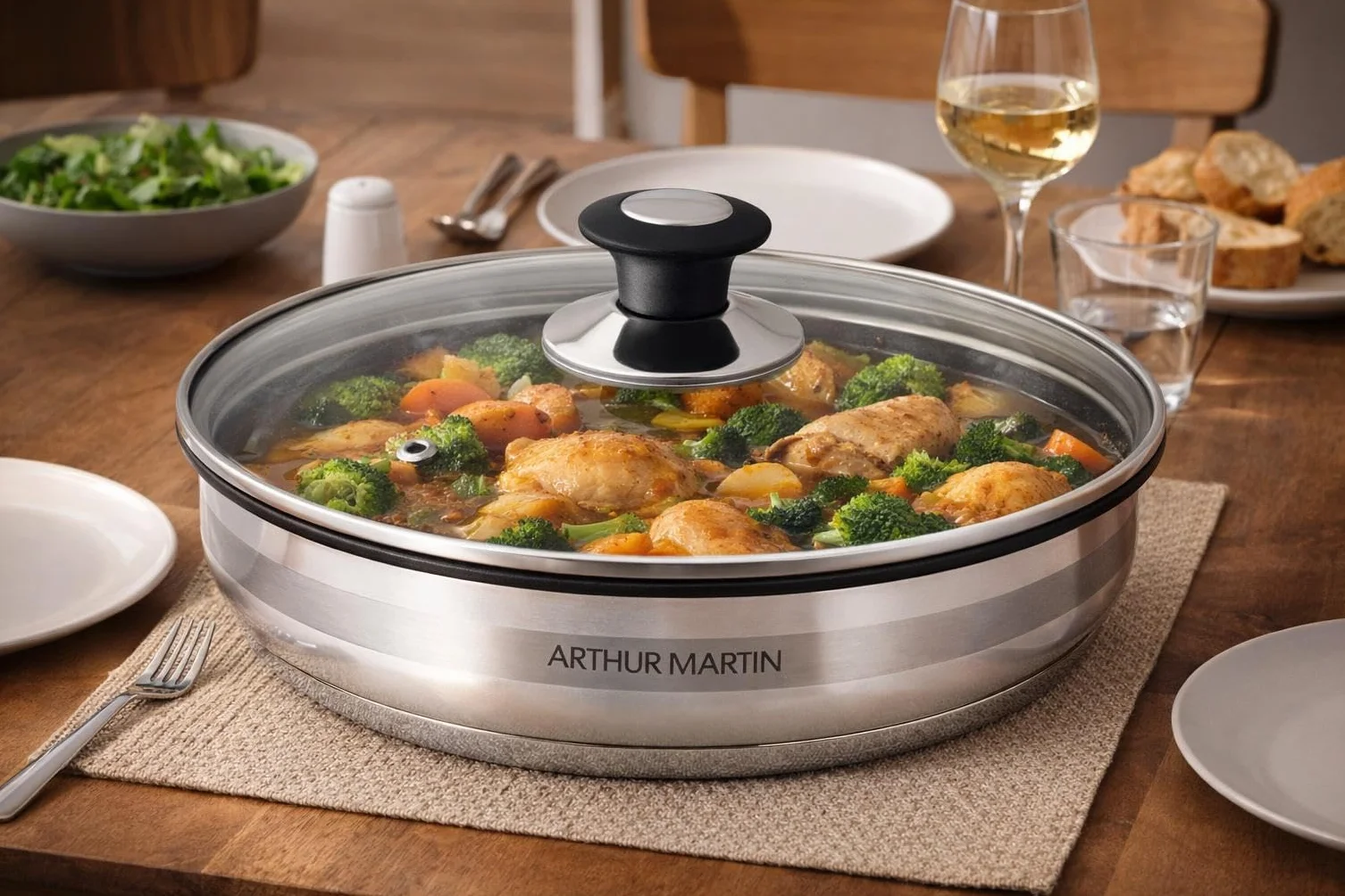 ARTHUR MARTIN Batterie de Cuisine 10 Pièces Inox Casseroles Poêles Antiadhérentes Compatible Tous Feux Poignée Amovible