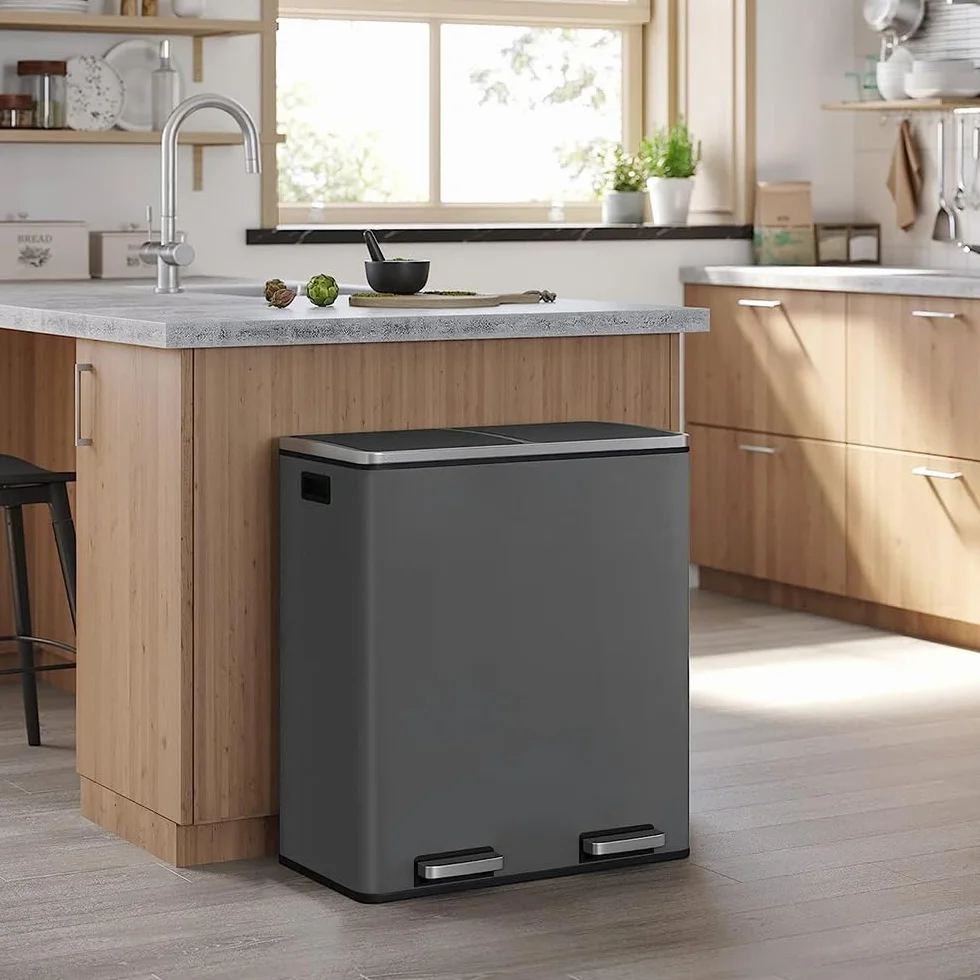 Panana Poubelle à Double Compartiment 60L 2x30L Pédales Métal Sacs Poubelles Gris