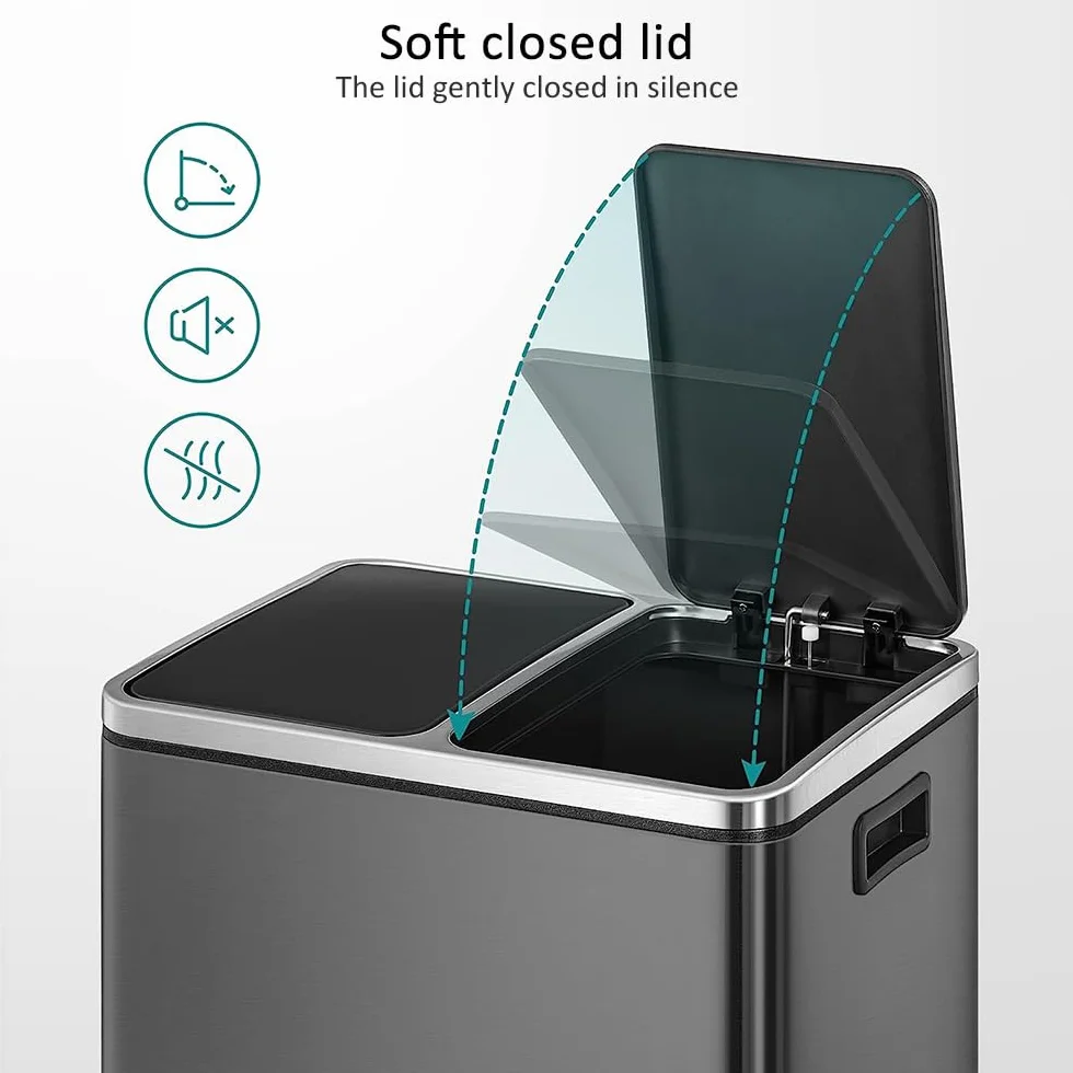 Panana Poubelle à Double Compartiment 60L 2x30L Pédales Métal Sacs Poubelles Gris