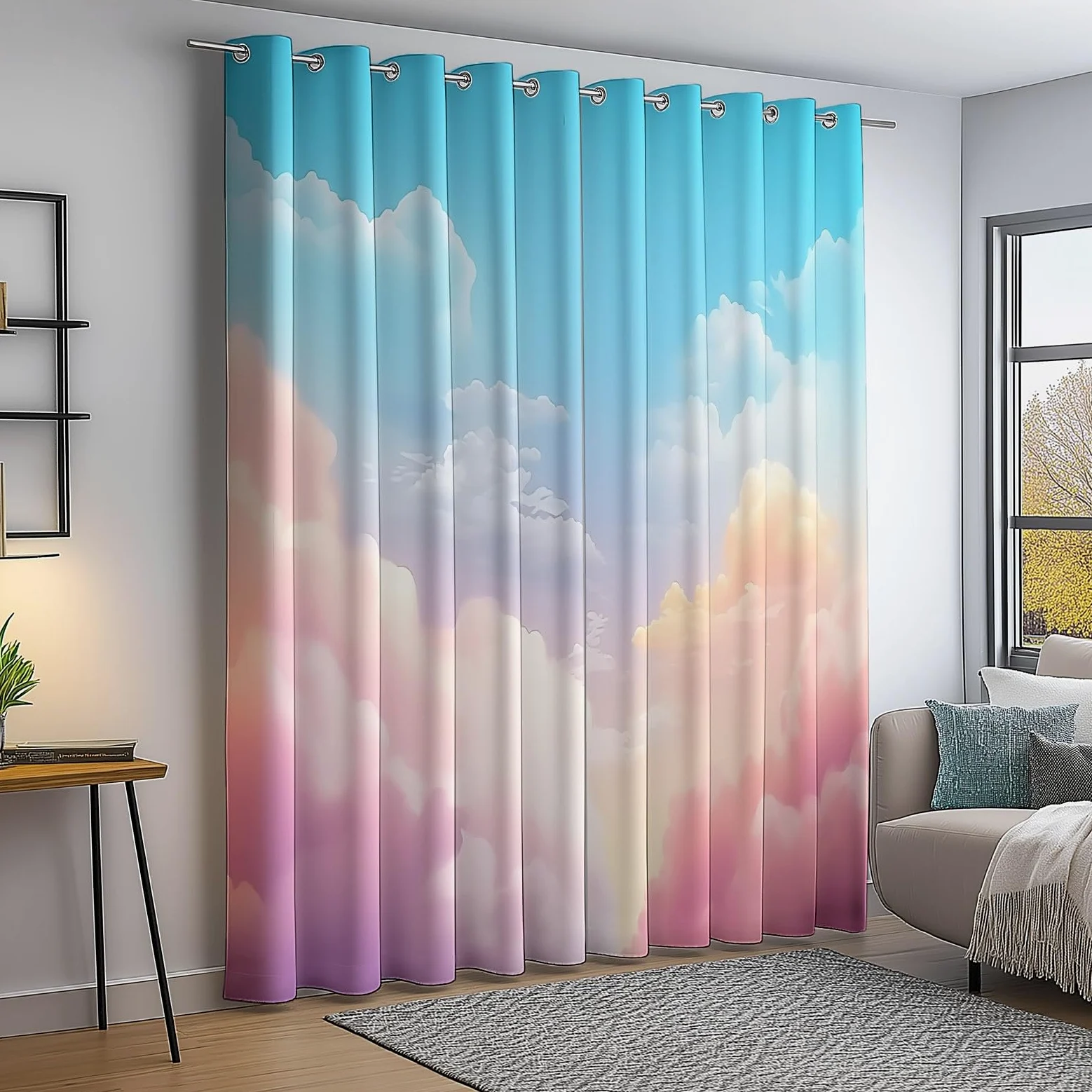 Décoration Nuages Oniriques Ciel, Rideaux Longs 140L X 260H cm (2 Panneaux), Tissu Occultant Thermique pour Baie Vitrée, Rose Bleu