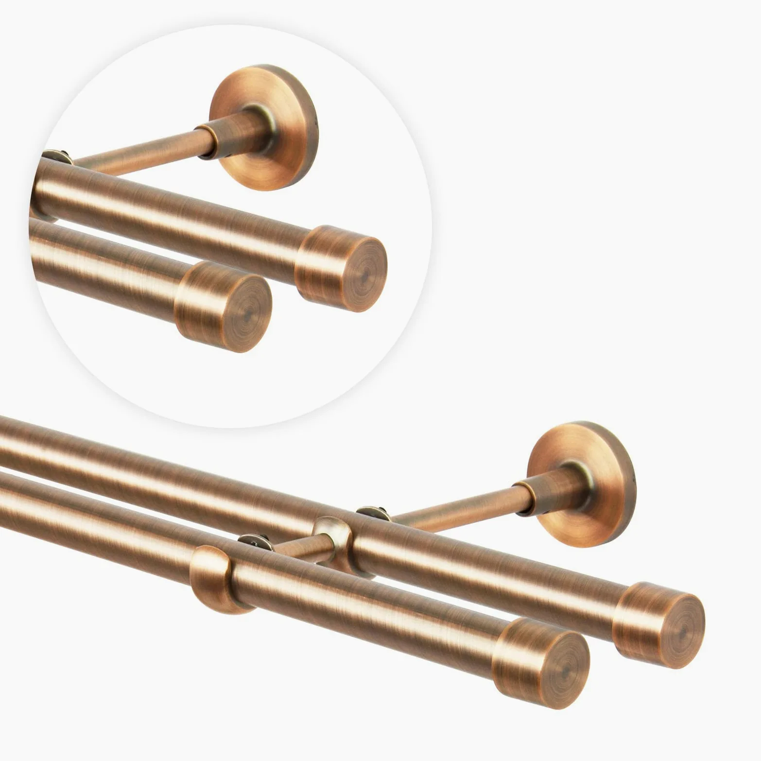 Tringle à rideau cuivre antique, 240 cm, 2 voies, 19 mm, métal, fixation murale, Embout droit
