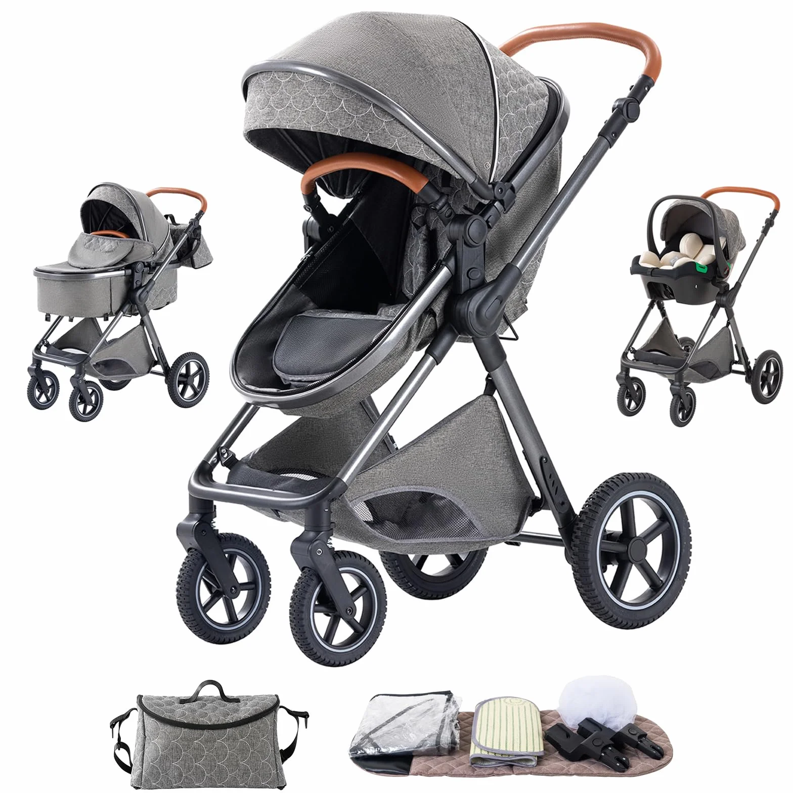 Poussette 3 en 1 Citadine Combinée Tricycle Baby Walker Haute Paysage Landau pour 0-36 Mois Pliante Trolley Bébé H2-DEEPGREY