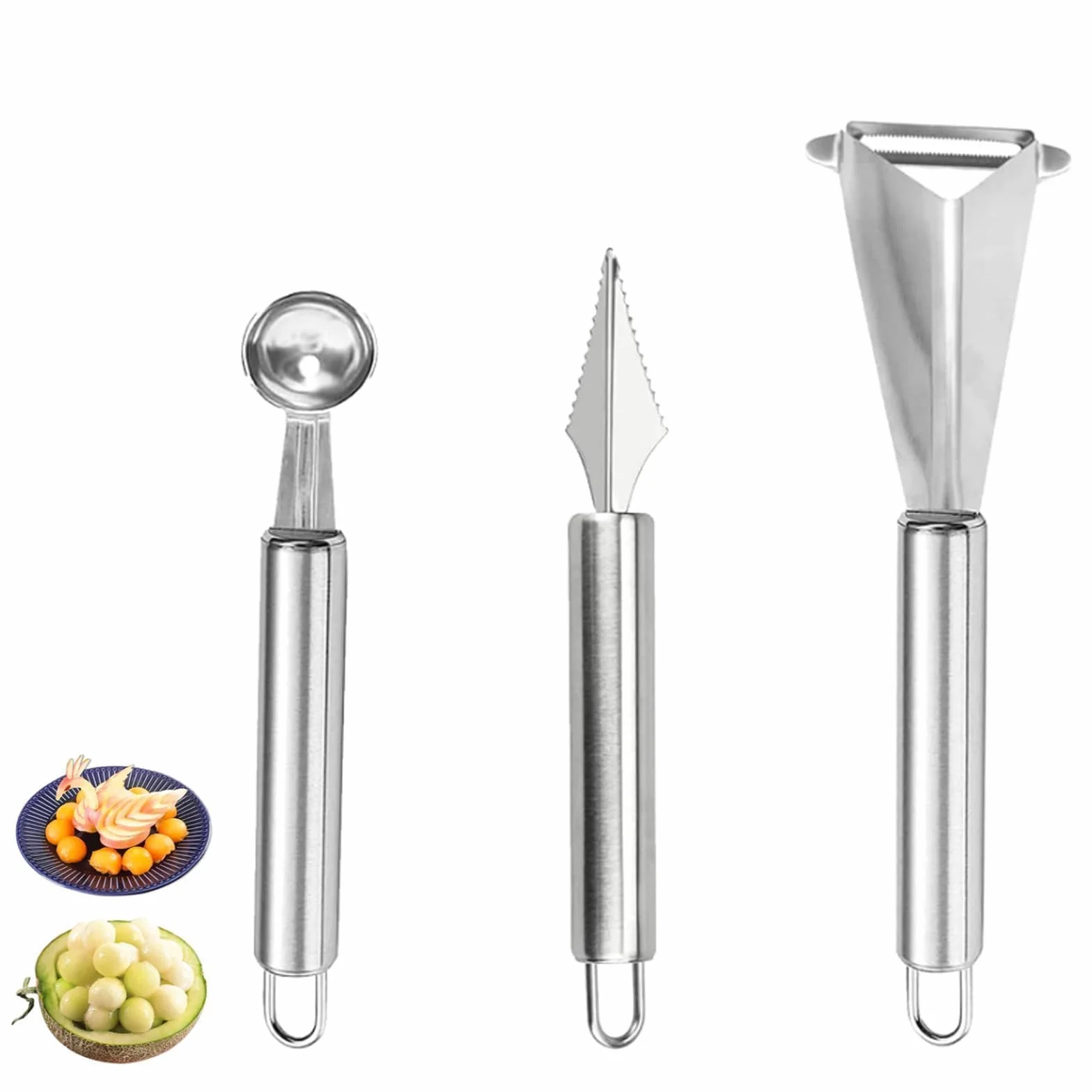 Couteau Sculpture Fruits Acier Inoxydable Pousse-Pomme Cuillère Boule Melon 3 Pièces