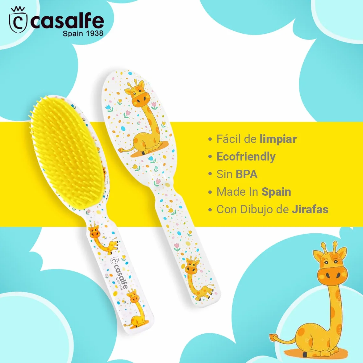 Brosse à cheveux bébé 9-17 mois pointes souples sans BPA girafe Casalfe