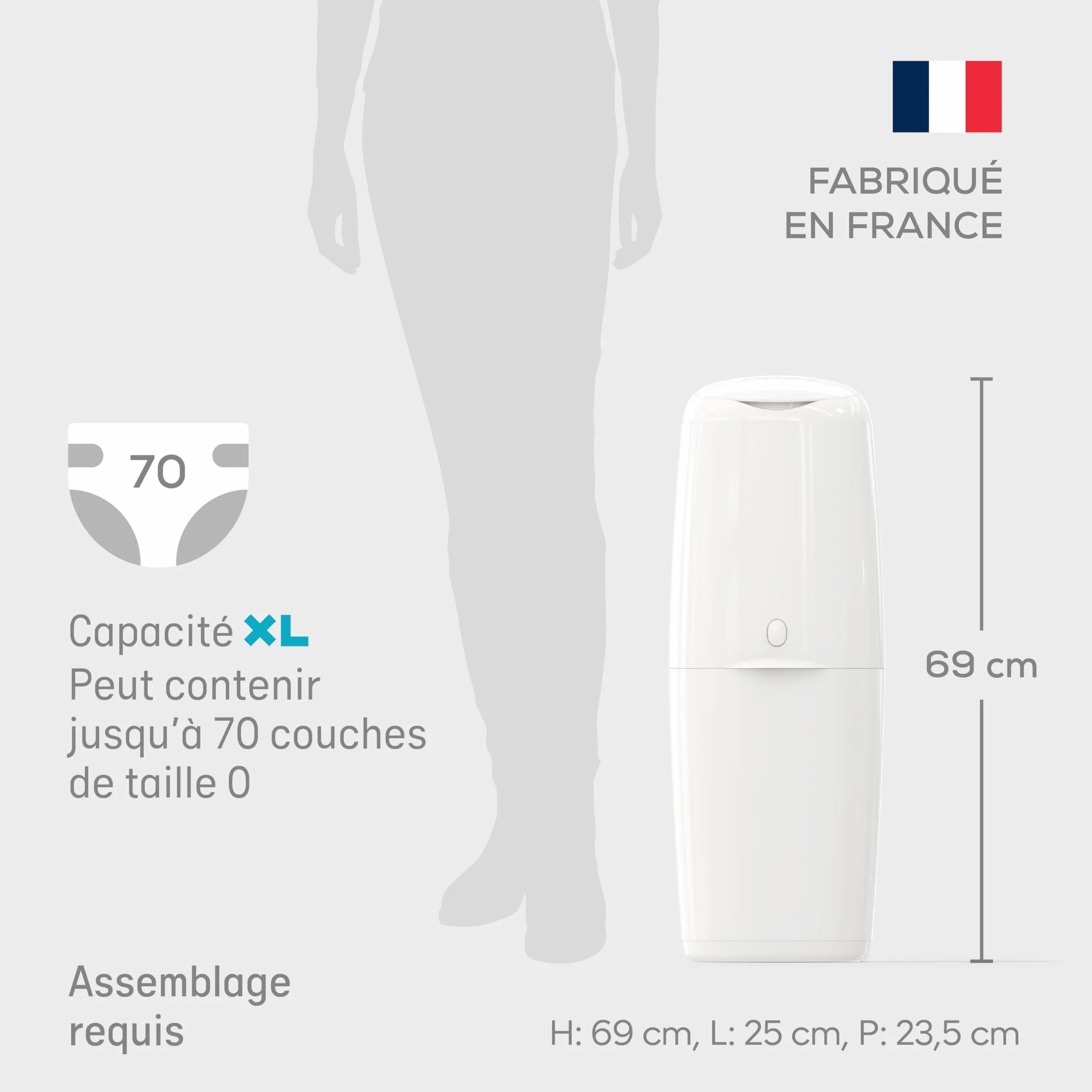 Angelcare Poubelle à Couches Classic XL Anti-Odeur Haute Capacité 1 Mois 190 Couches