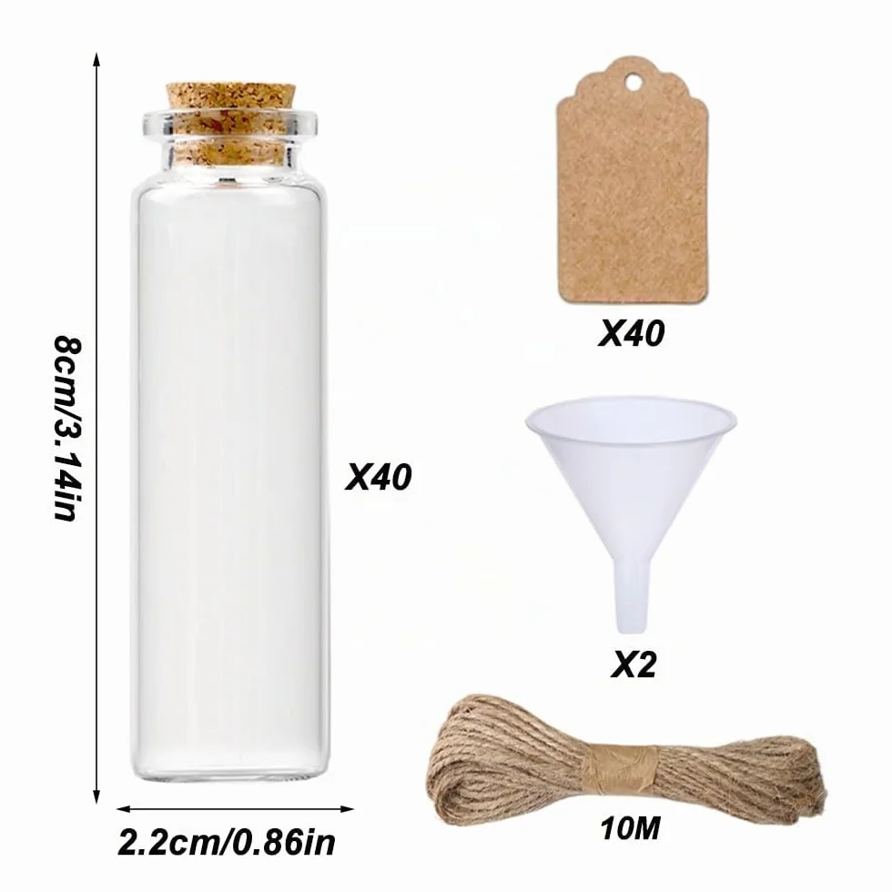 Fiole en Verre 25 ml Petite Bouteille avec Bouchon et Carte, Entonnoir, Ficelle pour Épices, Bonbons, DIY