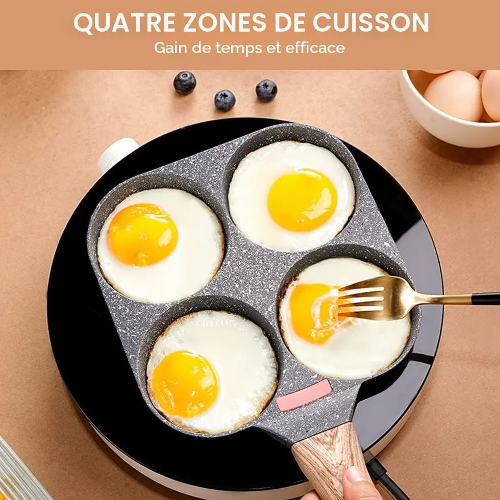 Poêle à 4 Emplacements Antiadhésive en Aluminium pour Petit-déjeuner, Gaz et Induction (Noir)