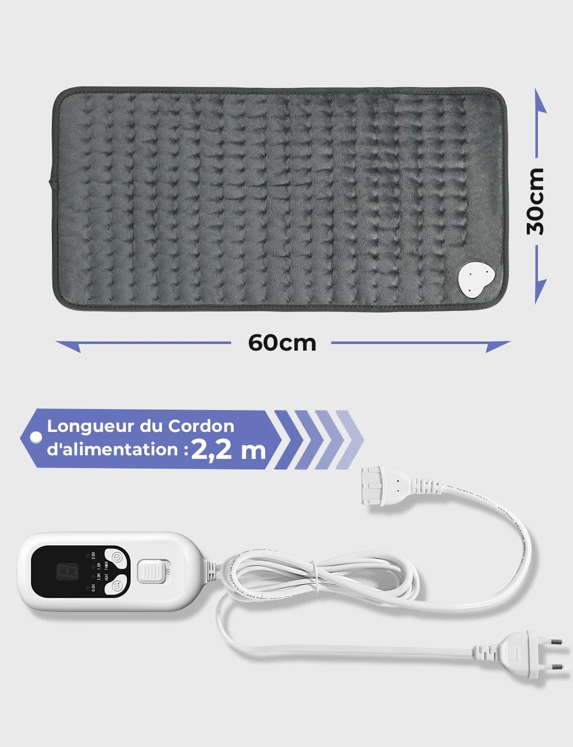 Coussin Chauffant Électrique Dos Épaules Abdomen 6 Niveaux Température 4 Réglages Minuterie Lavable Machine Gris Foncé 60x30cm