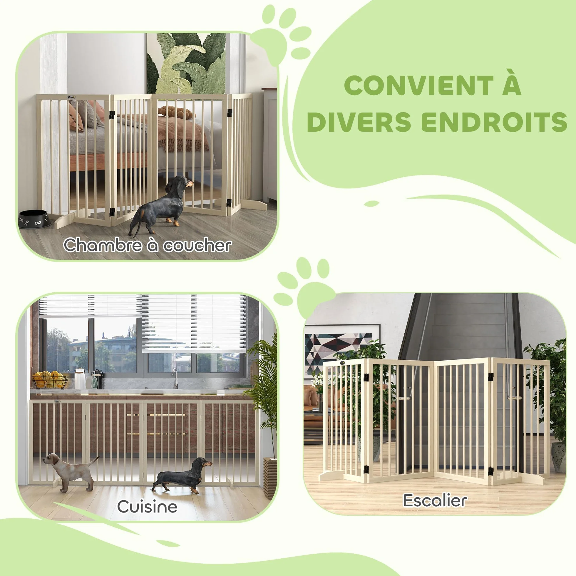 PawHut Barrière de Sécurité pour Chien Modulable Pliable 4 Panneaux Bois Naturel 206 x 35,5 x 76 cm