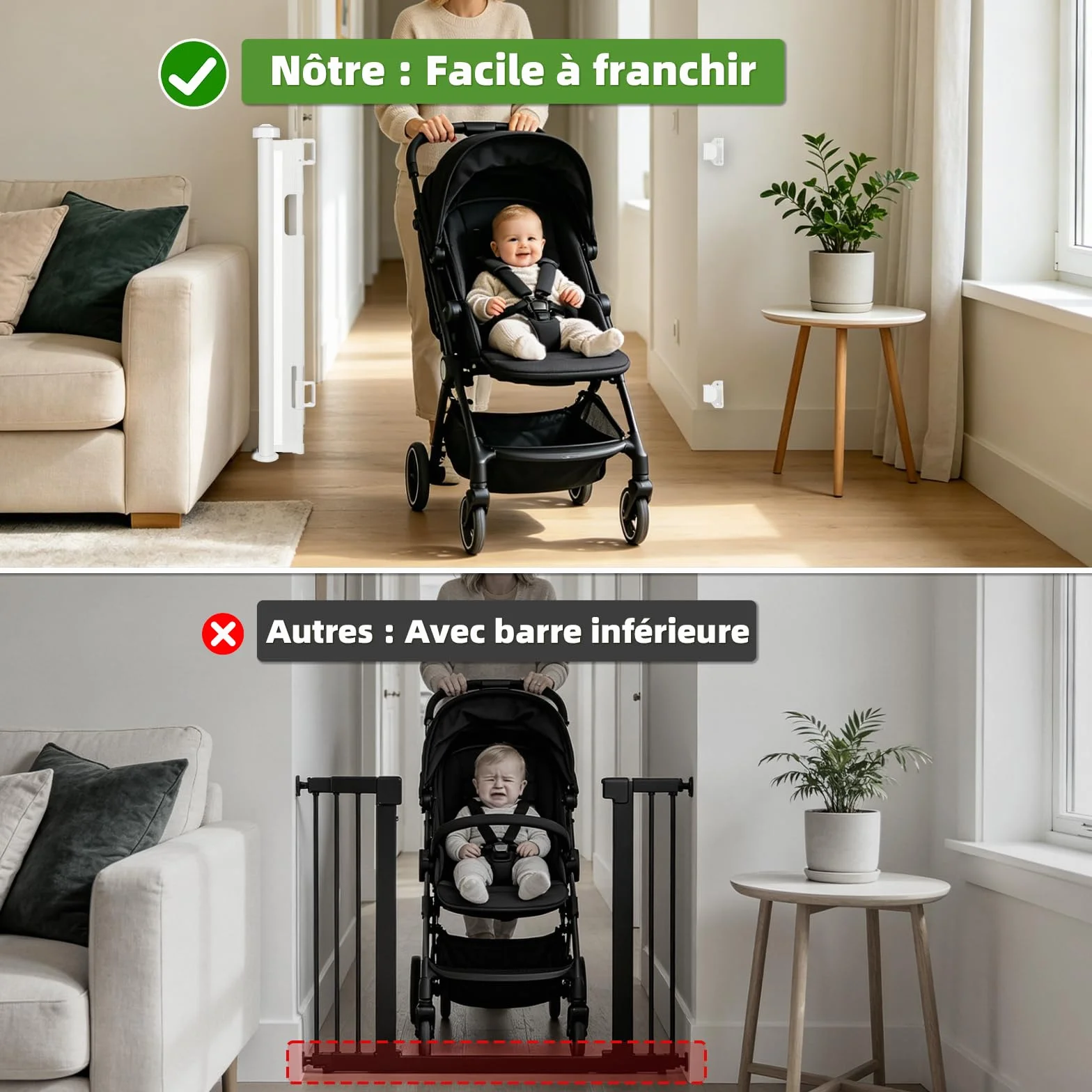 Barrière de Sécurité Rétractable pour Bébé 0-150 cm, Adaptée aux Escaliers, Couloirs, Intérieur et Extérieur (Blanc)