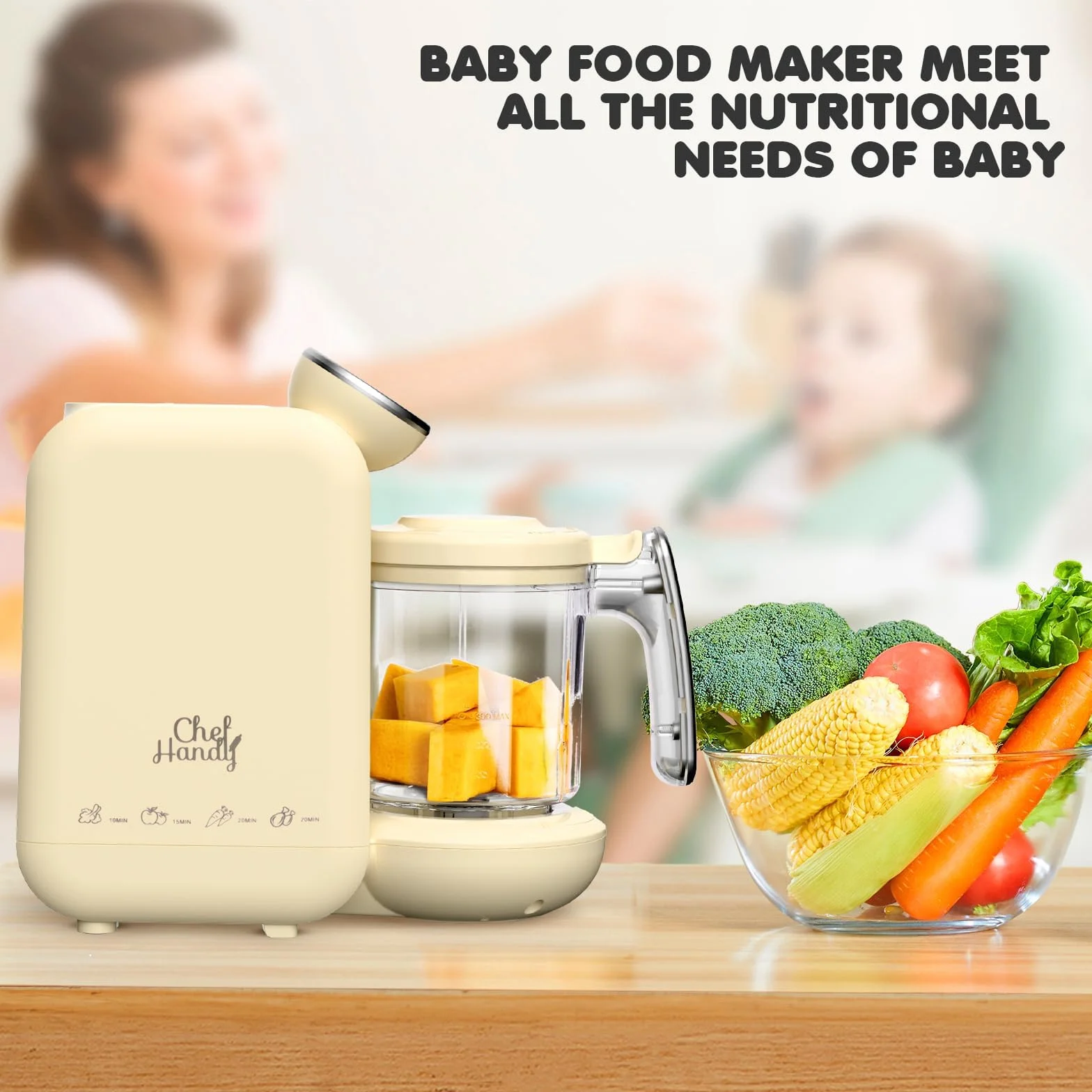 Robot Cuiseur Mixeur Bébé 5 en 1, Cuisson Vapeur Douce Rapide, Multifonctions (Jaune)