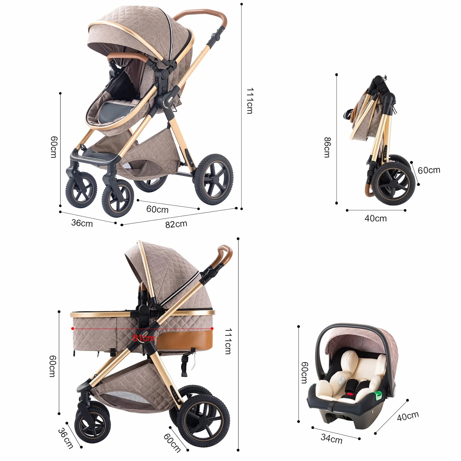 Poussette 3 en 1 Citadine Combinée Tricycle Baby Walker Haute Paysage Landau 0-36 Mois Pliante Trolley Bébé