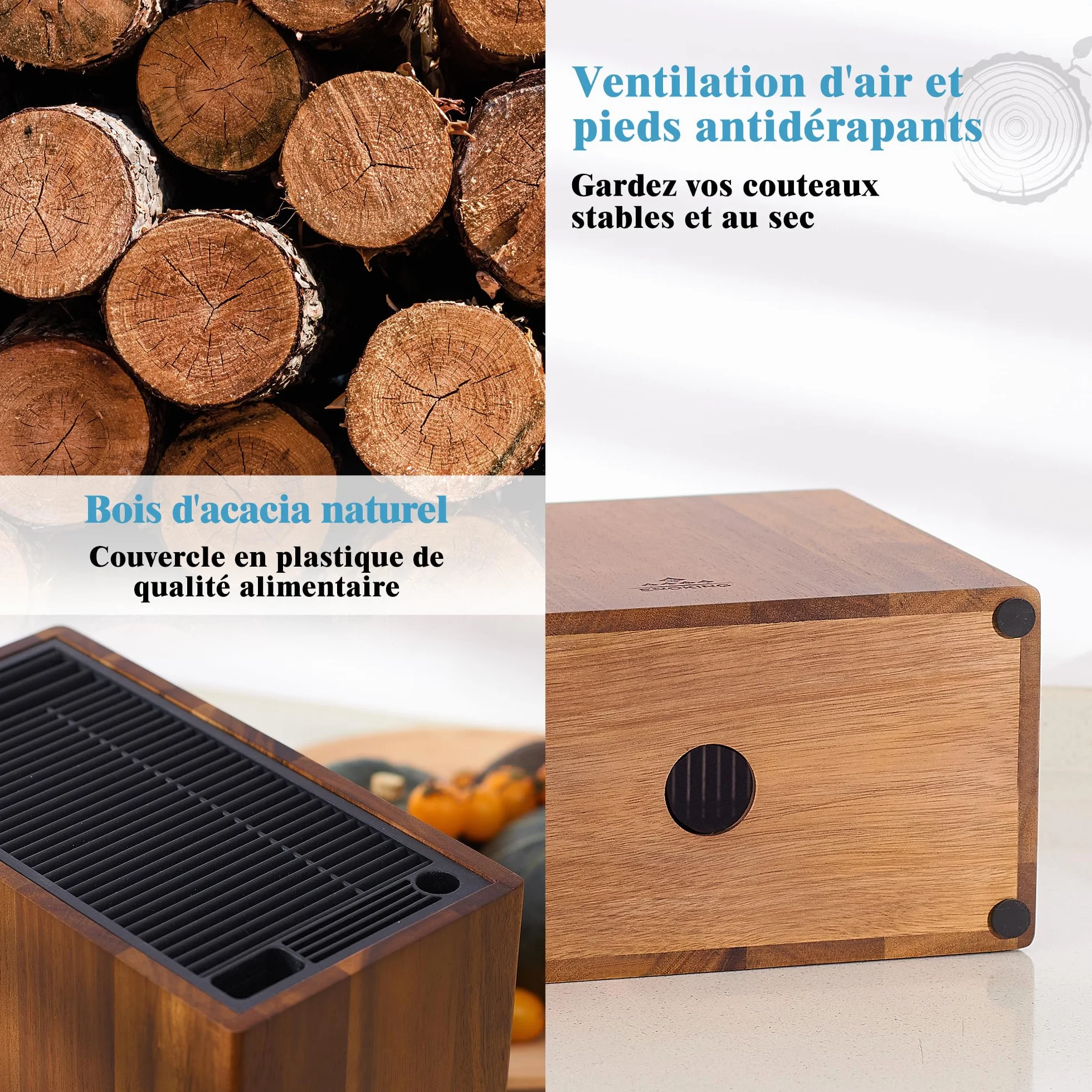 ENOKING Porte Couteaux en Bois d'Acacia, Range Couteaux de Cuisine Universel avec Couvercle en Plastique