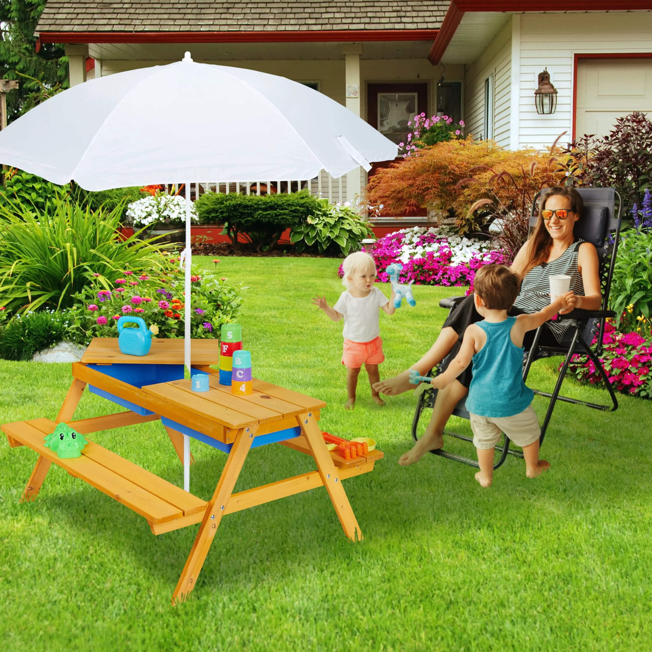 Relaxdays Table de Jardin pour Enfants, en Bois, bacs pour Jouer avec l Eau et Le Sable, Parasol Inclus, Orange
