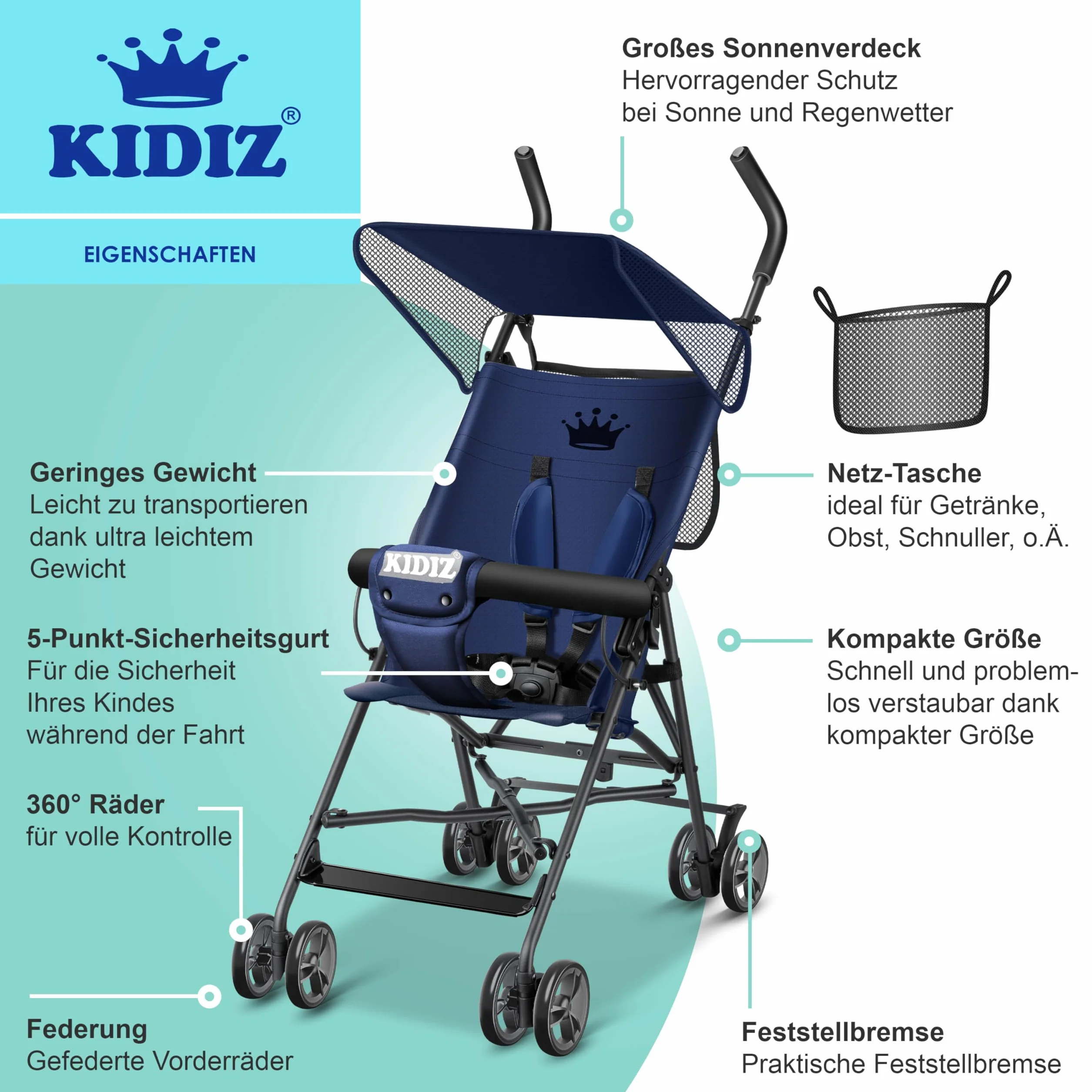 KIDIZ Poussette pliante 360° 4 roues parasol ceinture sécurité 5 points bleu marine