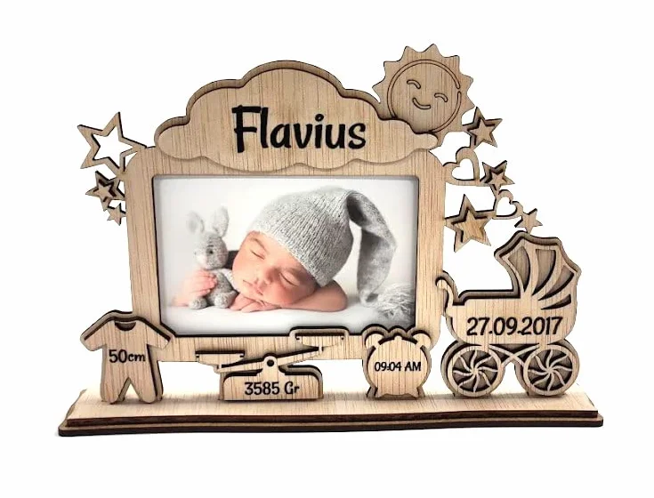 Cadre photo en bois personnalisable pour bébé nouveau né Modèle 2