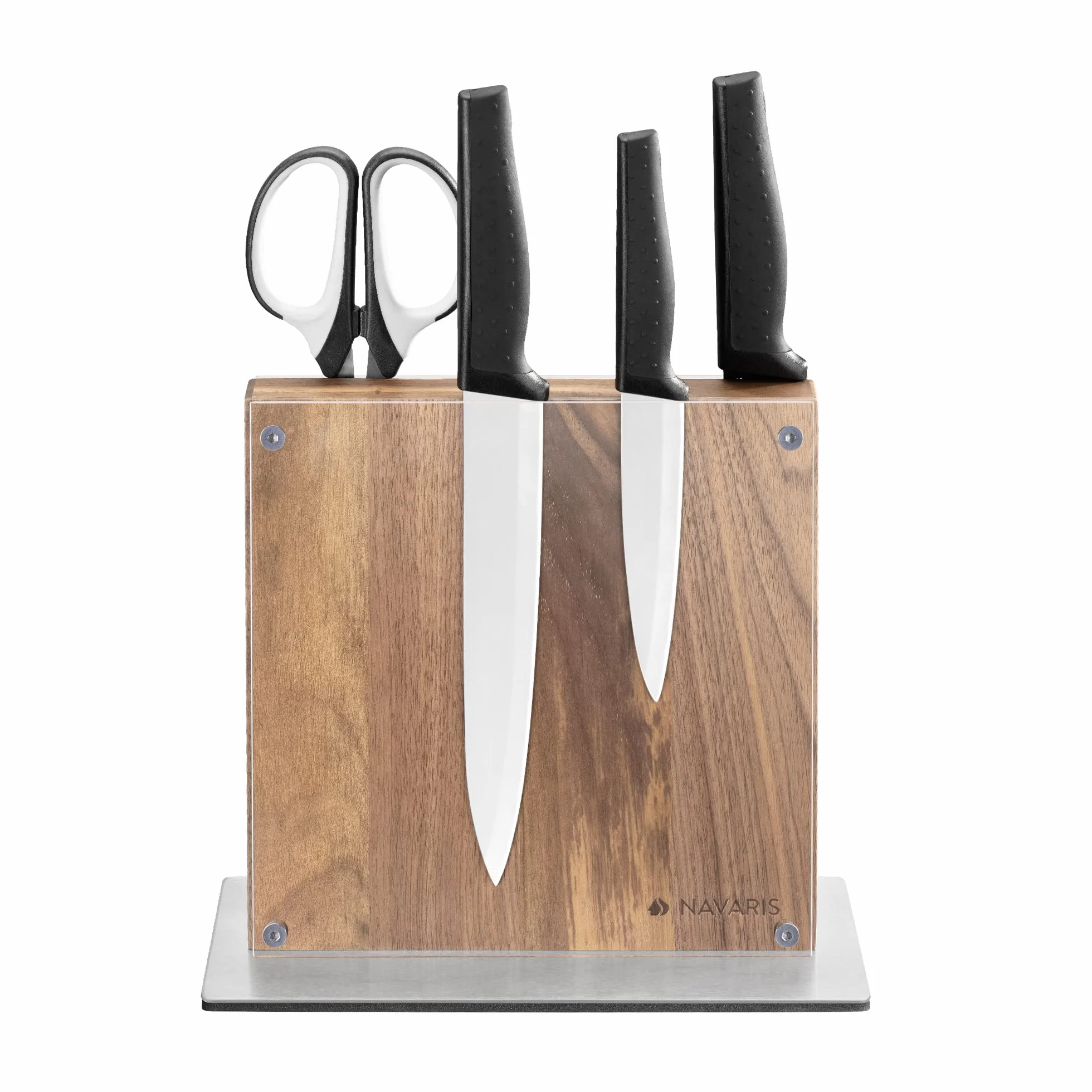 Navaris Bloc à Couteaux Magnétique Double Face en Bois d'Acacia avec Plaque Protection Acrylique