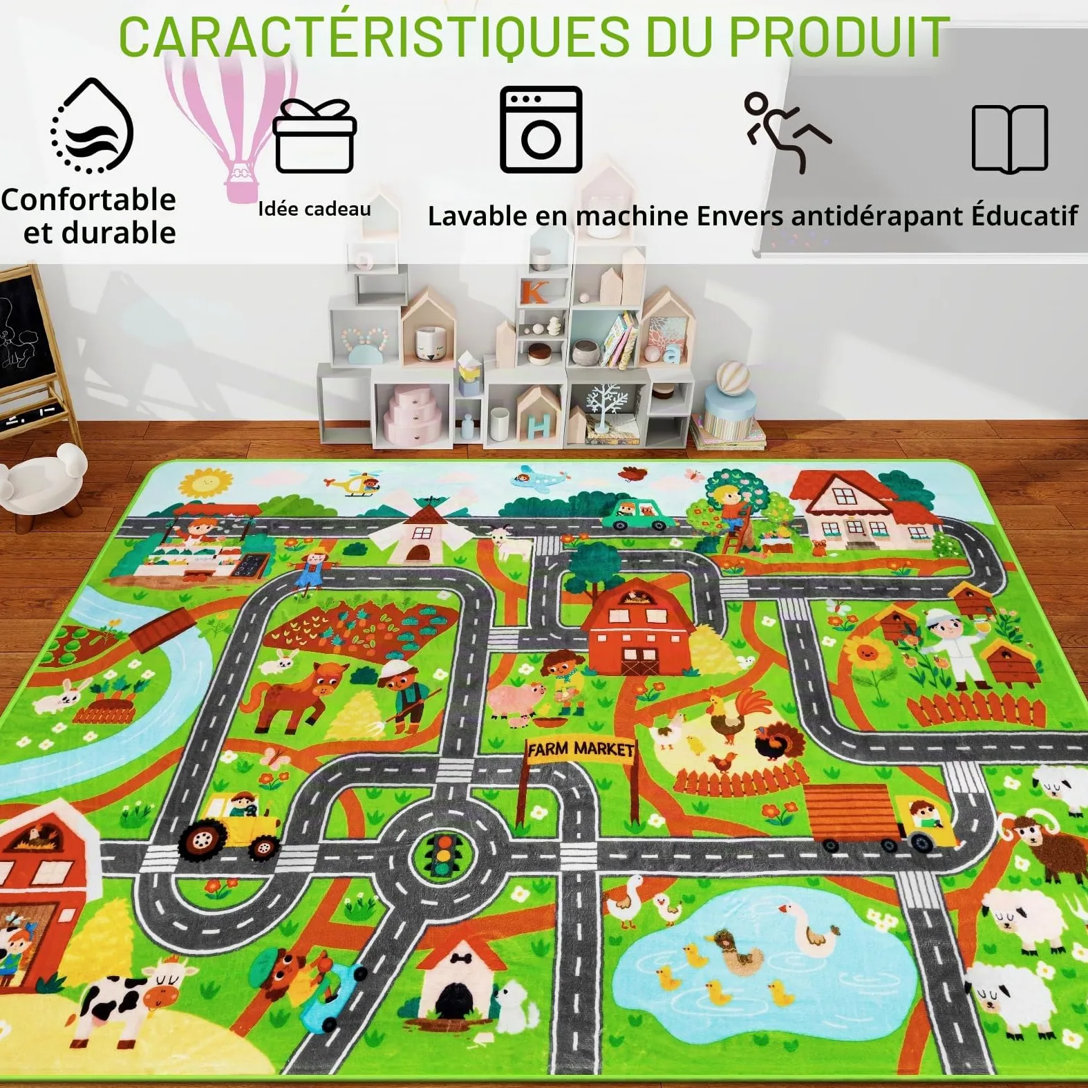 Tapis de voiture pour enfants - 200 x 150 cm - Vie de la ferme - Circulation routière pour salle de jeux - Tapis de rue pour enfants - Carte de village - Tapis de jeu pour tout-petits - Marché