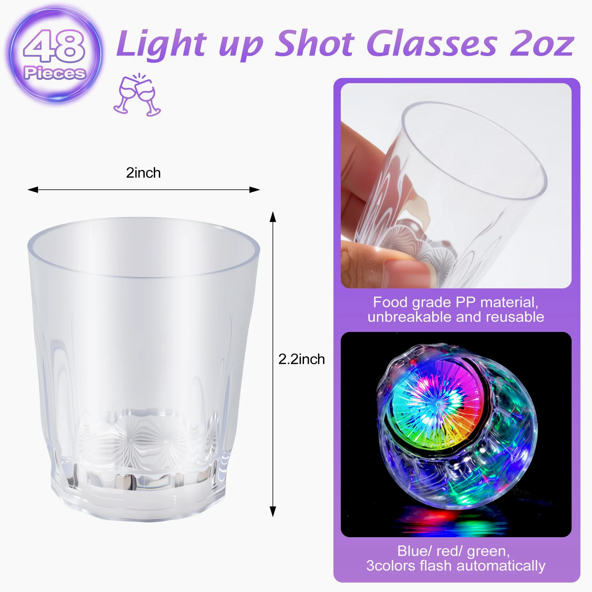 Lot de 48 verres à shot lumineux à DEL pour adultes - Verres à shot phosphorescents pour fête d'anniversaire, Noël, Halloween, bar, Pâques