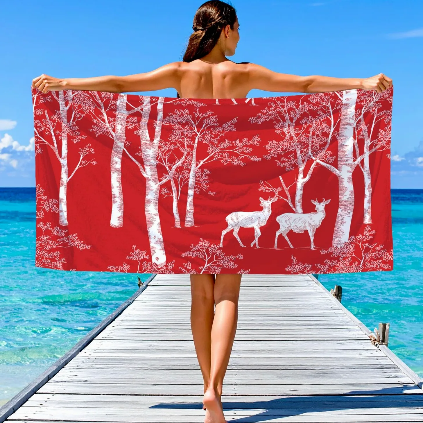 Générique Serviette de Plage Microfibre 230 x 210 CM,Drap de Plage Nordique, Forêt, Silhouette, Couverture de Plage Absorbante,Couverture de Bain Bouleaux, Rennes, Silhouettes