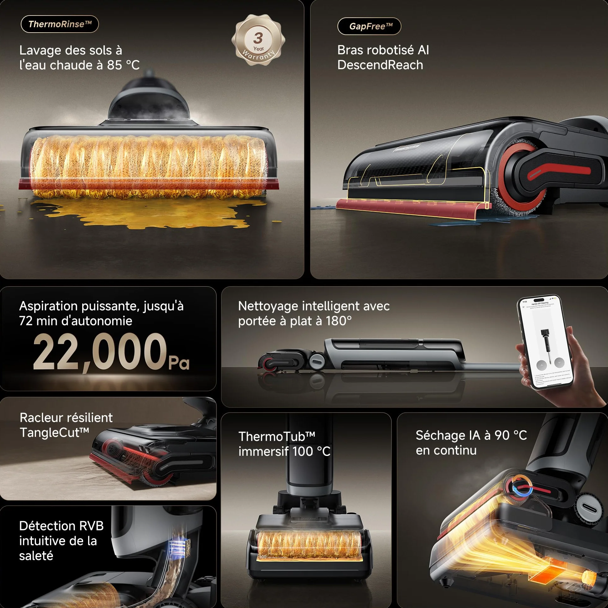 DREAME H15 Pro Heat Aspirateur Laveur 85°C 22000Pa IA GapFree Robot Nettoyage Sols
