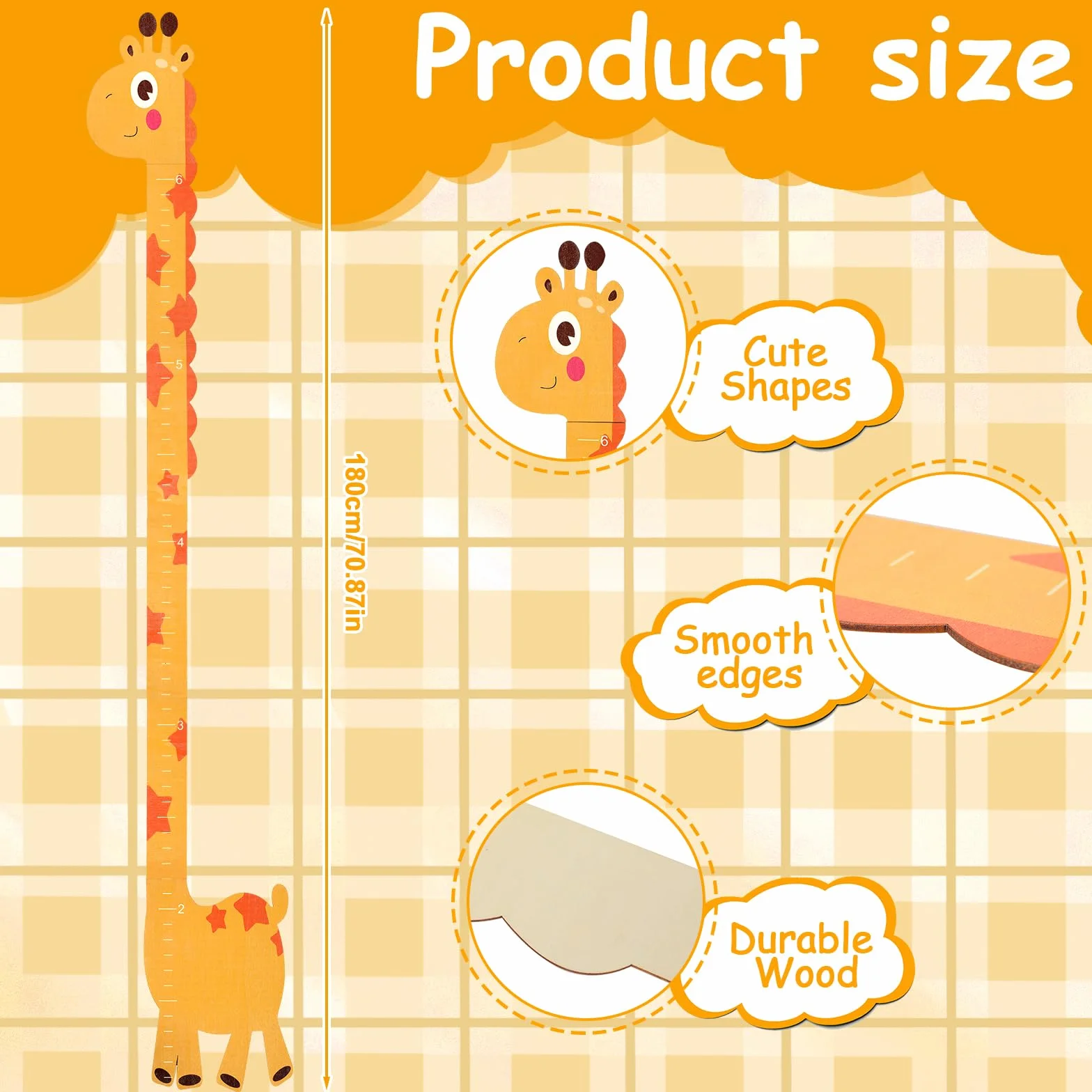 Toise pour enfants 180 cm en bois personnalisable girafe jaune décoration murale