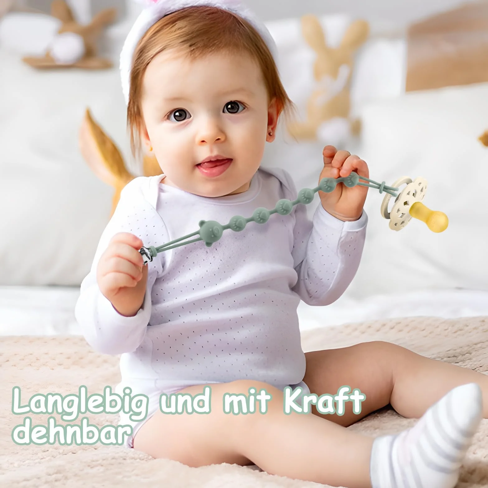 Attache Tétine Silicone Lot de 3, Chaîne Sucette Bébé sans BPA, Pacifier Clip (Gris Clair + Vert + Kaki)