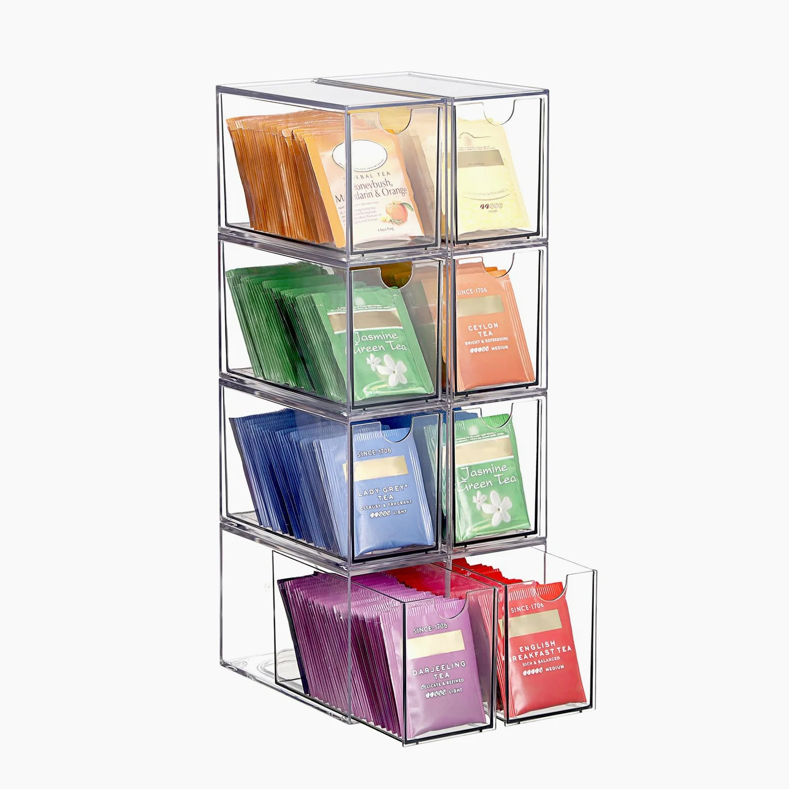 ELLDOO Organiseur de sachets de thé à 8 tiroirs, en acrylique transparent empilable, support de rangement pour sachets de thé de cuisine, garde-manger, rangement pour dosettes de café, collations pour